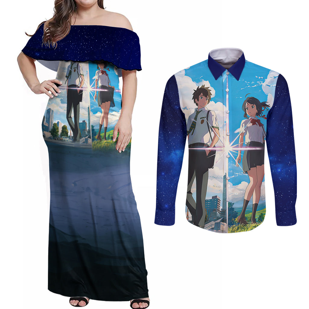 Your Name Hoodie Kimi no Na wa Couples Matching Off Shoulder Maxi Dress and Long Sleeve Button Shirt Anime Style