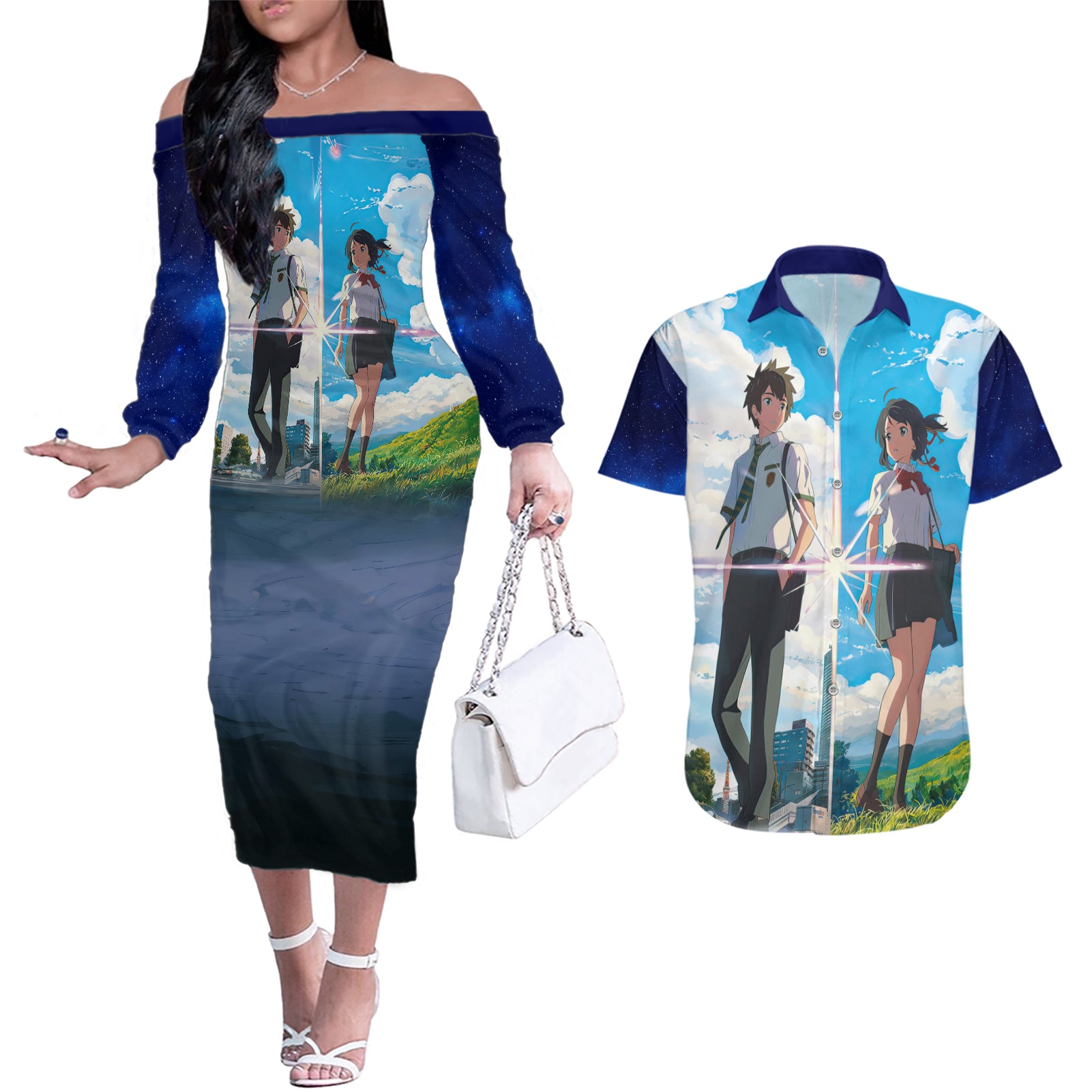 Your Name Hoodie Kimi no Na wa Couples Matching Off The Shoulder Long Sleeve Dress and Hawaiian Shirt Anime Style