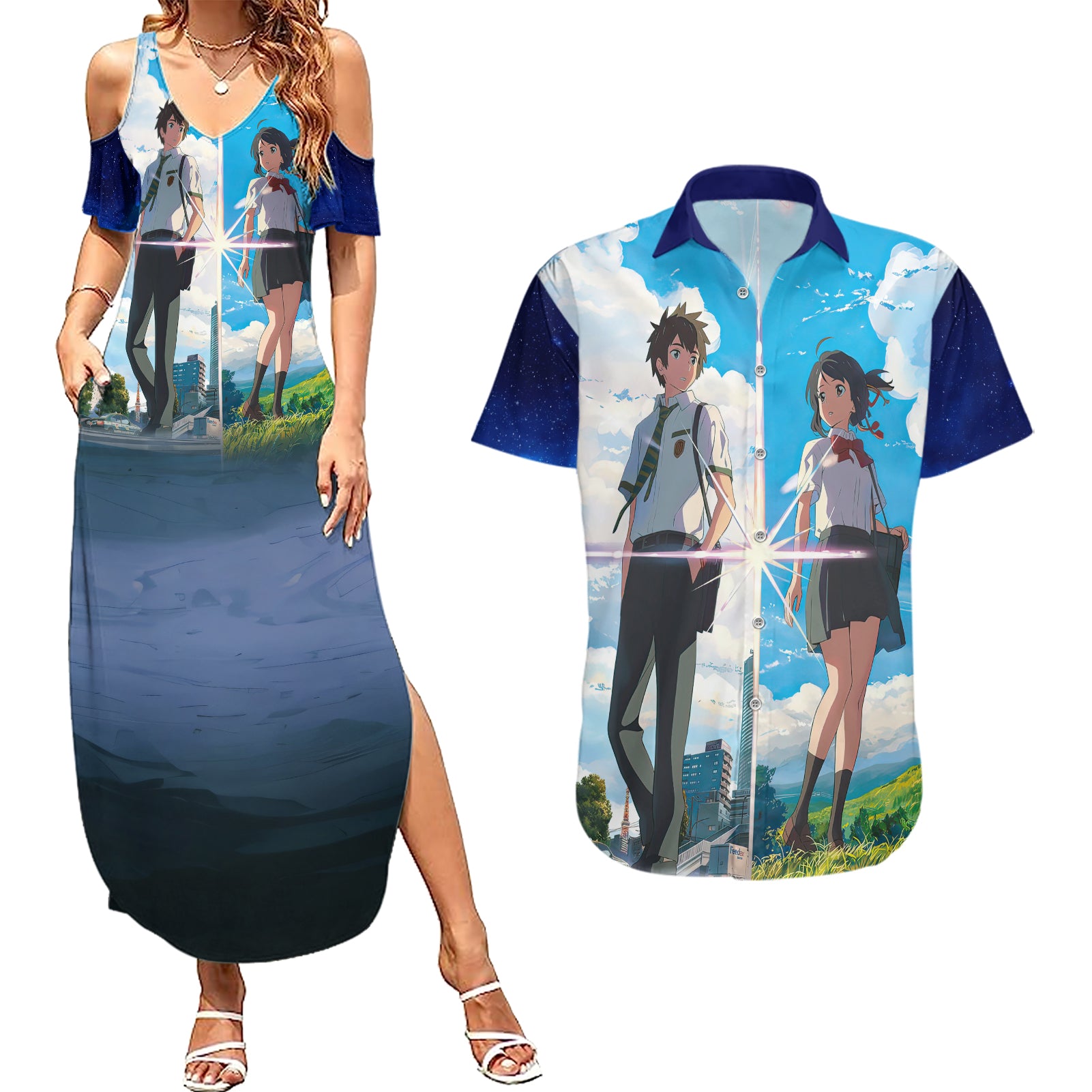 Your Name Hoodie Kimi no Na wa Couples Matching Summer Maxi Dress and Hawaiian Shirt Anime Style