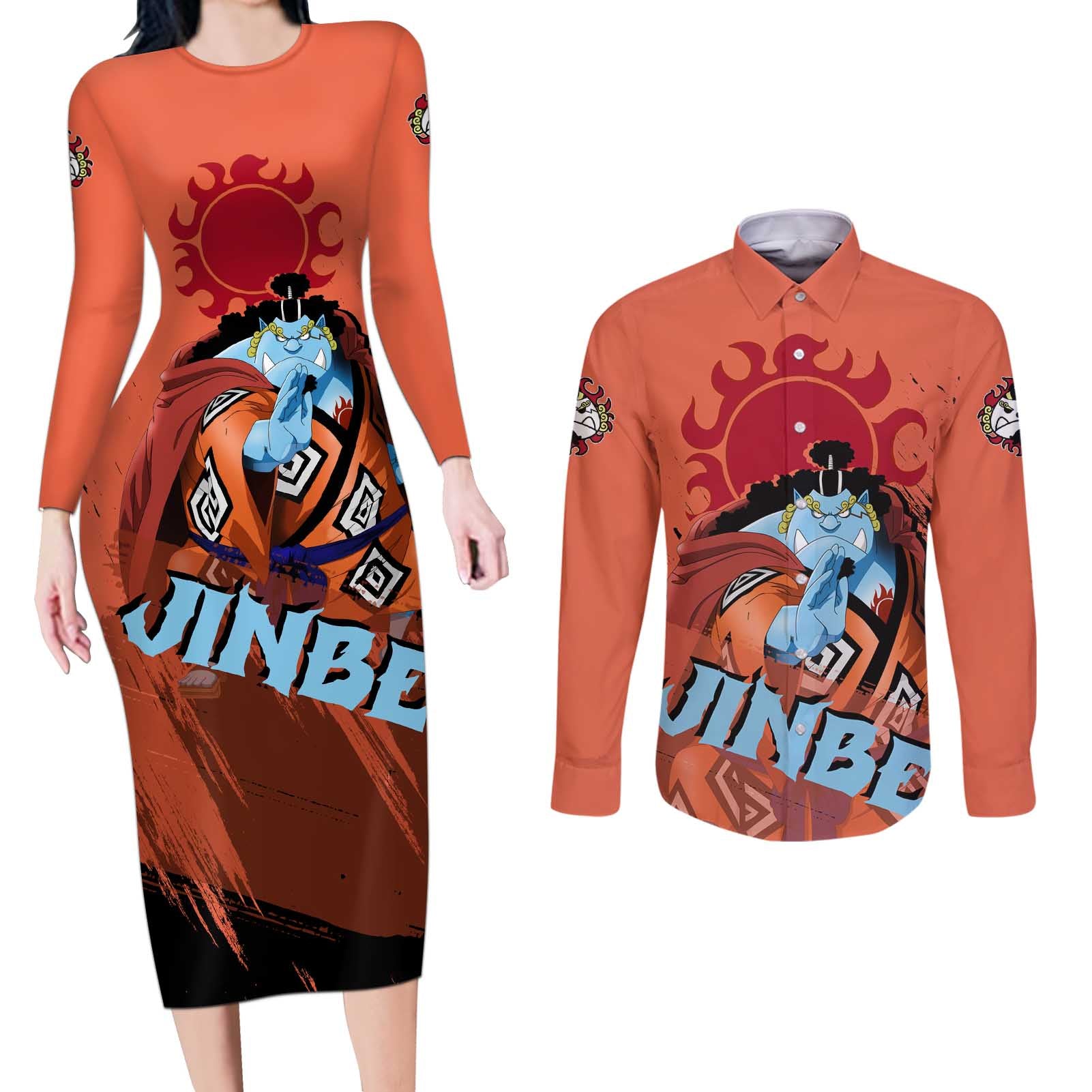 Jinbe - One Piece Couples Matching Long Sleeve Bodycon Dress and Long Sleeve Button Shirt Anime Style