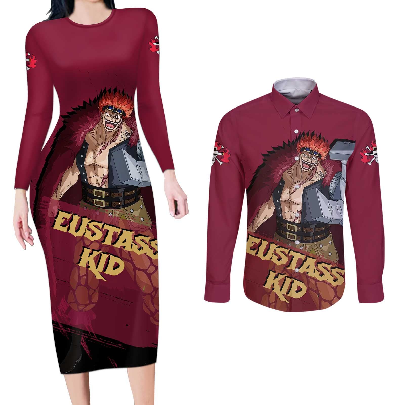 Eustass Kid - One Piece Couples Matching Long Sleeve Bodycon Dress and Long Sleeve Button Shirt Anime Style