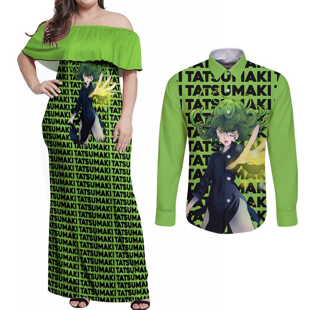 Tatsumaki - One Punch Man Couples Matching Off Shoulder Maxi Dress and Long Sleeve Button Shirt Anime Text Pattern Style