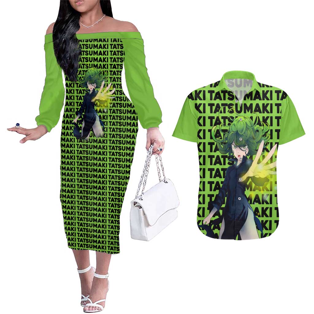 Tatsumaki - One Punch Man Couples Matching Off The Shoulder Long Sleeve Dress and Hawaiian Shirt Anime Text Pattern Style