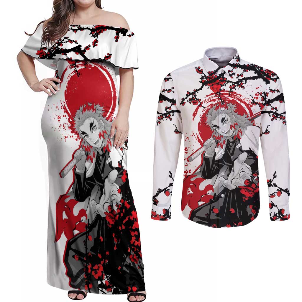 Kyojuro Rengoku - Demon Slayer Couples Matching Off Shoulder Maxi Dress and Long Sleeve Button Shirt Anime Japan Style