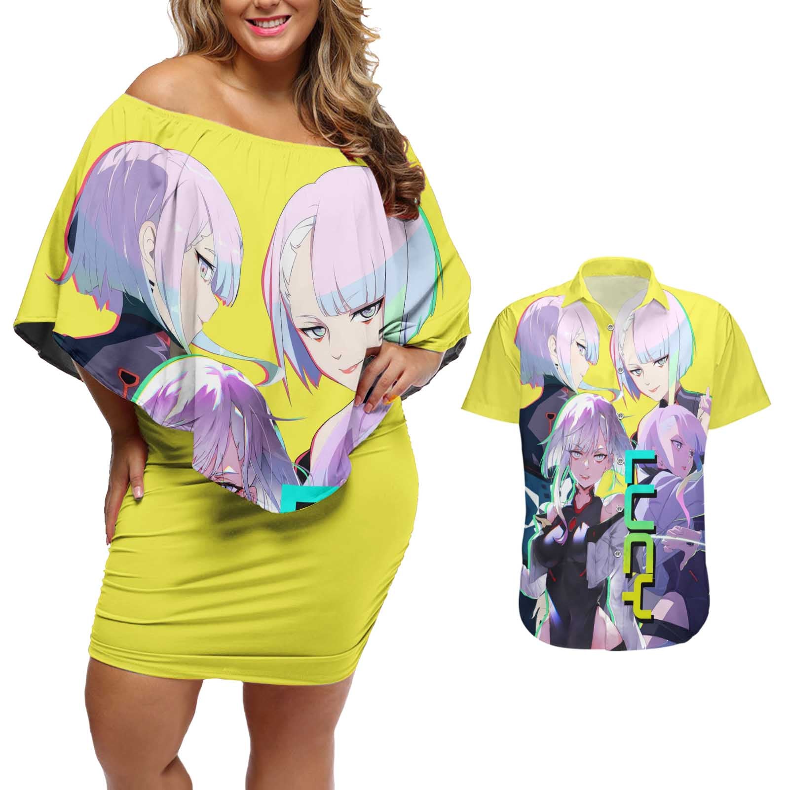 Lucy - CyperPunk Edgerunners Couples Matching Off Shoulder Short Dress and Hawaiian Shirt Anime Style