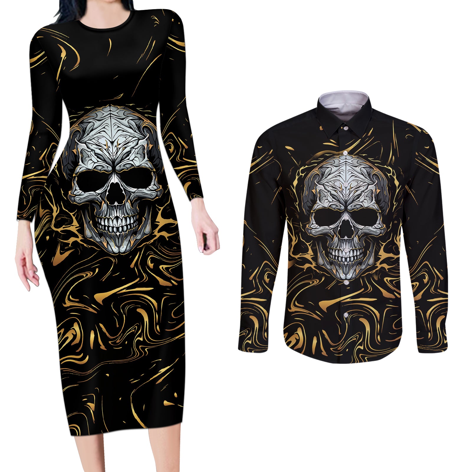 skull-mable-golden-abstract-art-couples-matching-long-sleeve-bodycon-dress-and-long-sleeve-button-shirts-fuck-you-excuses-learn-to-admit-when-you-fuck-up