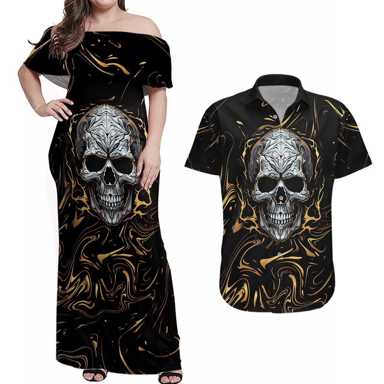 skull-mable-golden-abstract-art-couples-matching-off-shoulder-maxi-dress-and-hawaiian-shirt-fuck-you-excuses-learn-to-admit-when-you-fuck-up