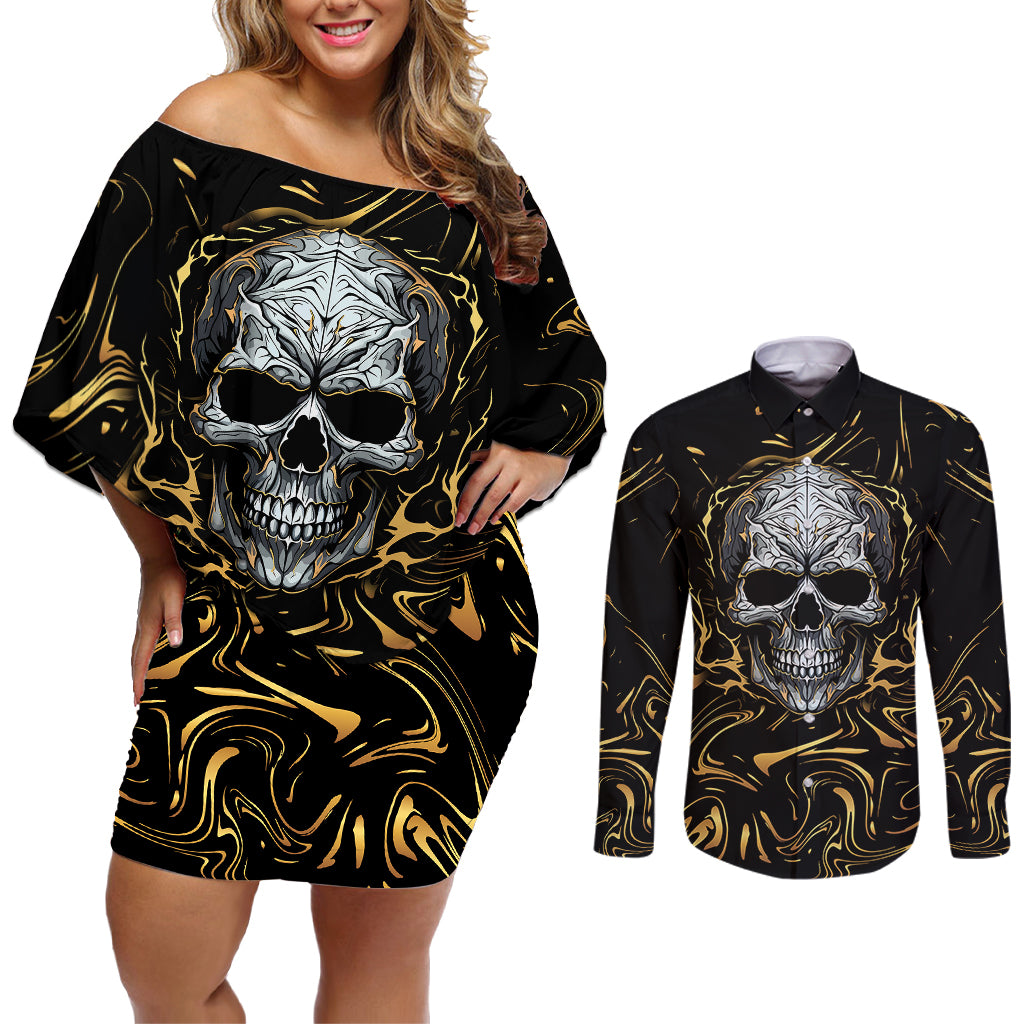 skull-mable-golden-abstract-art-couples-matching-off-shoulder-short-dress-and-long-sleeve-button-shirts-fuck-you-excuses-learn-to-admit-when-you-fuck-up