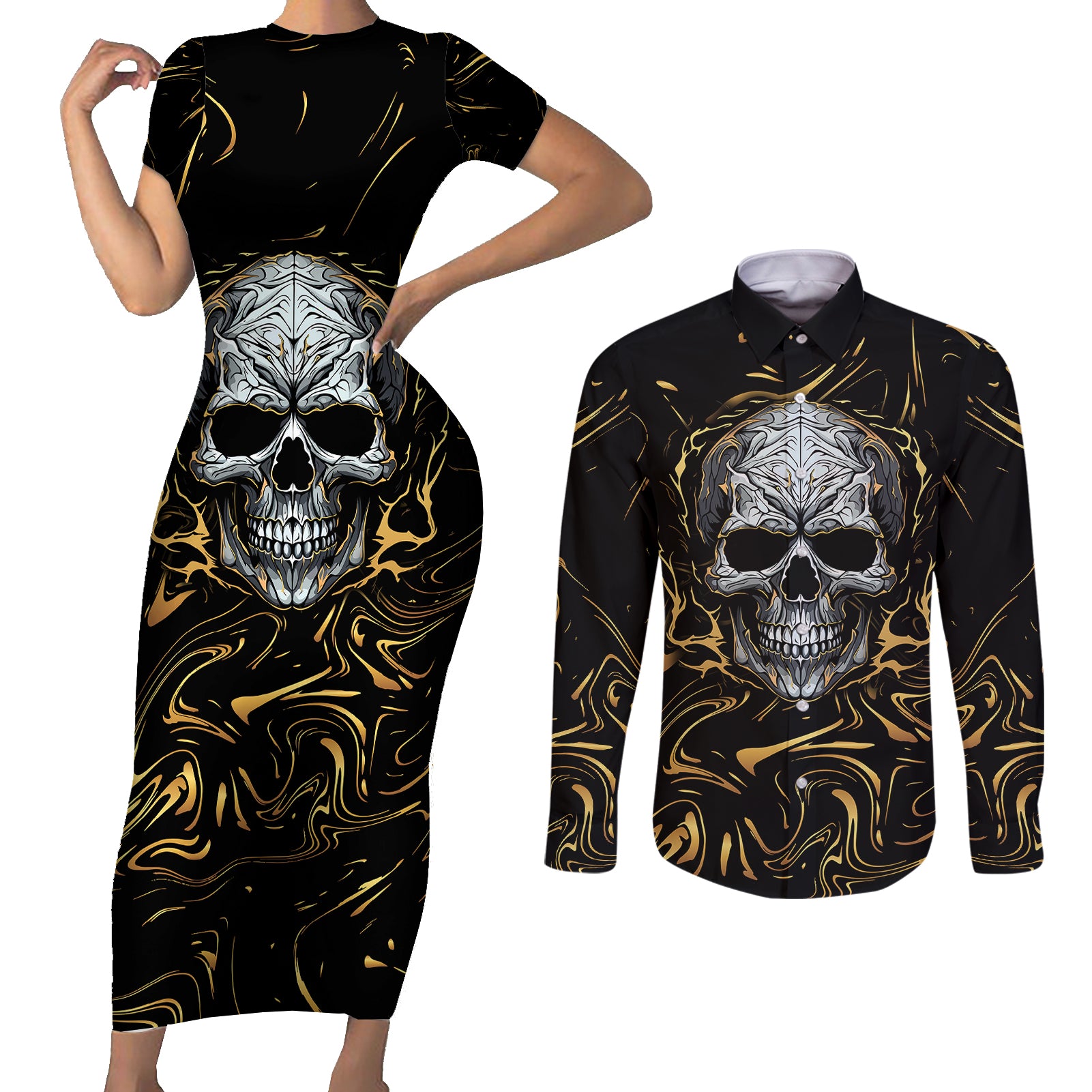 skull-mable-golden-abstract-art-couples-matching-short-sleeve-bodycon-dress-and-long-sleeve-button-shirts-fuck-you-excuses-learn-to-admit-when-you-fuck-up