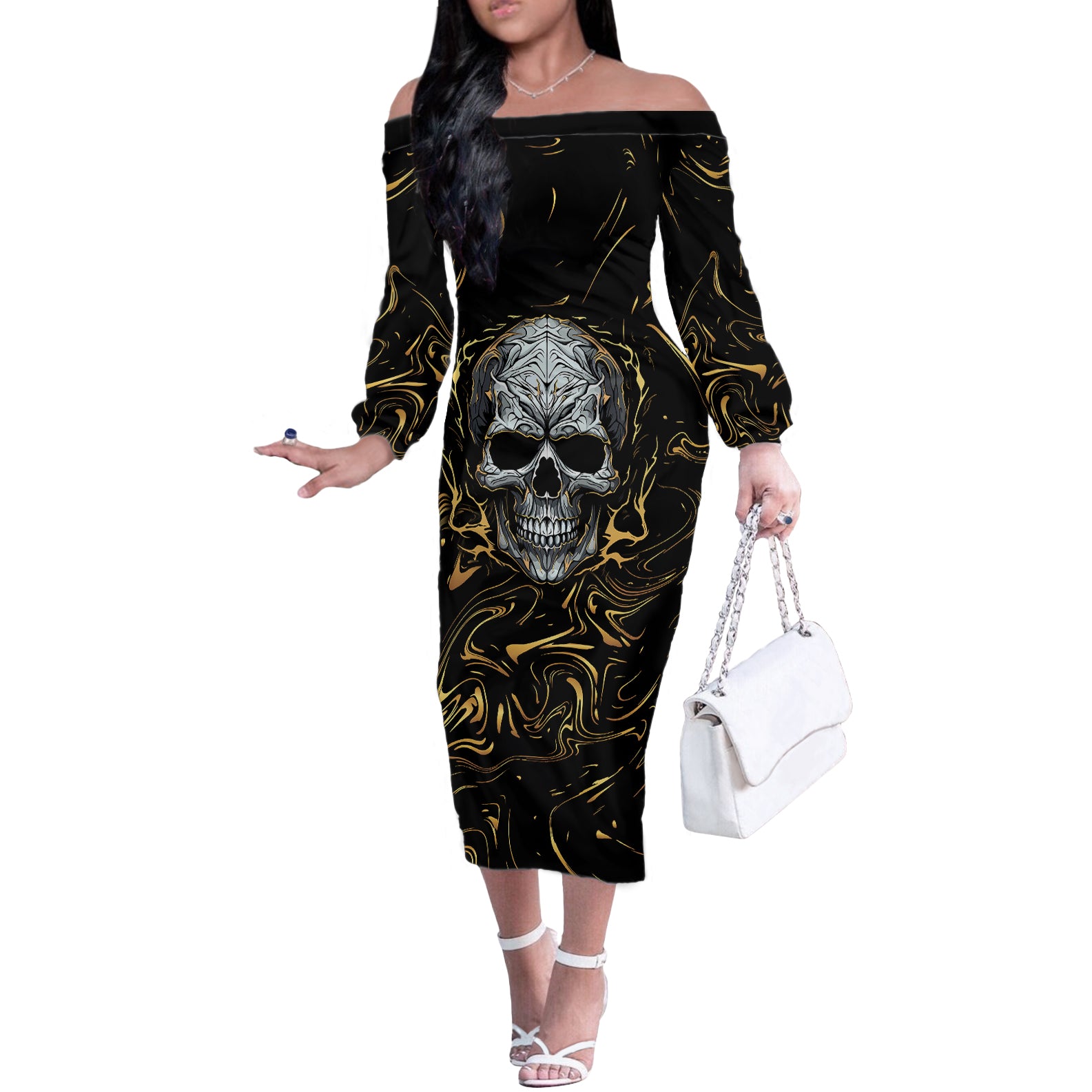 skull-mable-golden-abstract-art-off-the-shoulder-long-sleeve-dress-fuck-you-excuses-learn-to-admit-when-you-fuck-up