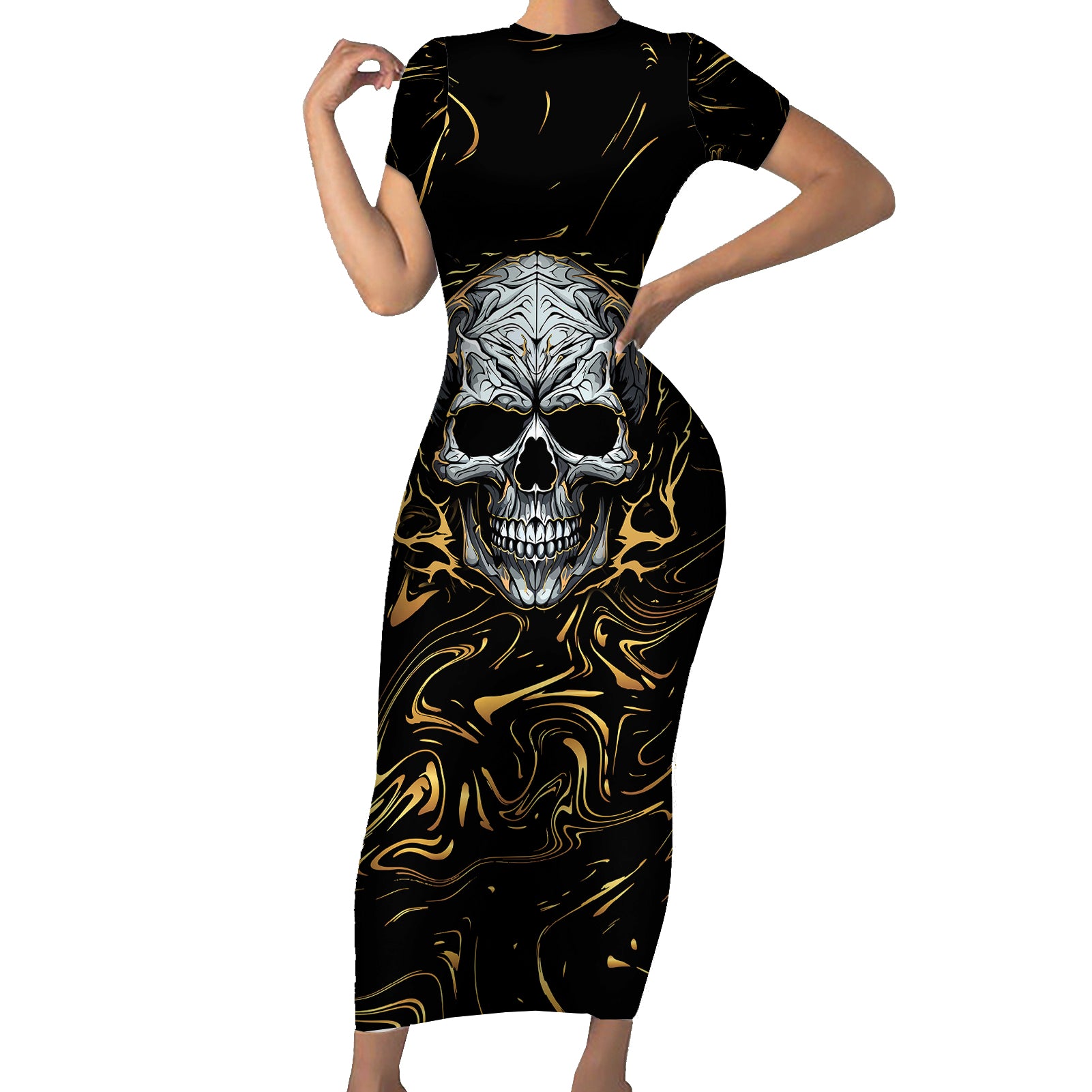 skull-mable-golden-abstract-art-short-sleeve-bodycon-dress-fuck-you-excuses-learn-to-admit-when-you-fuck-up