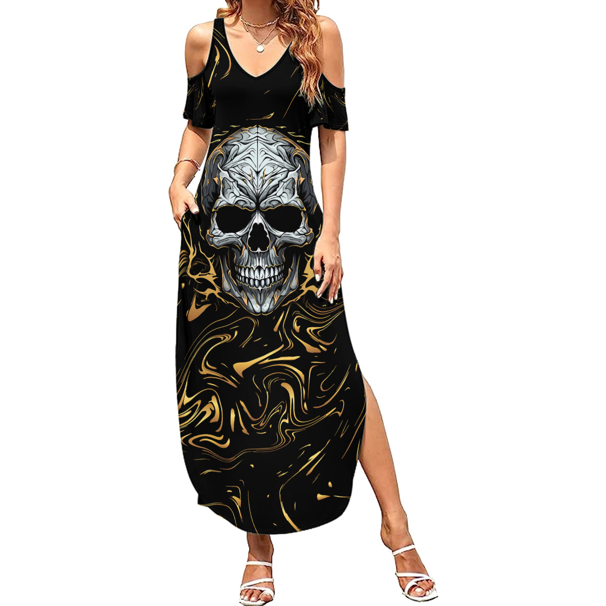 skull-mable-golden-abstract-art-summer-maxi-dress-fuck-you-excuses-learn-to-admit-when-you-fuck-up