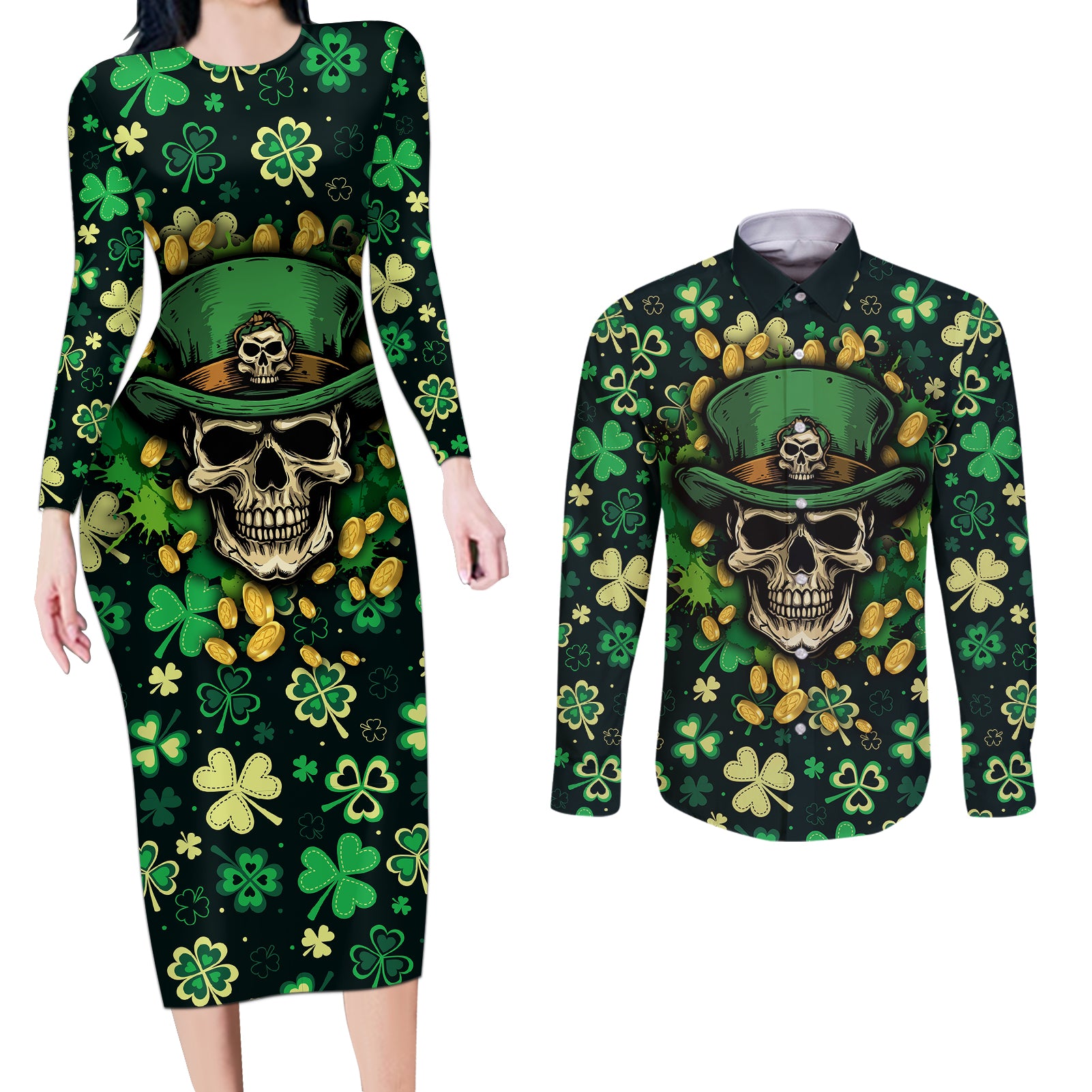 skull-and-shamrock-leaf-pattern-couples-matching-long-sleeve-bodycon-dress-and-long-sleeve-button-shirts-good-luck