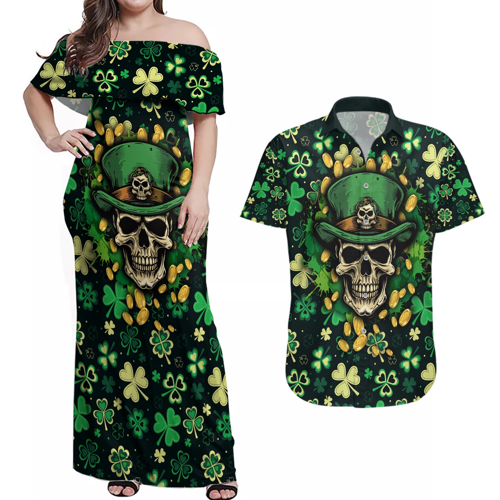 skull-and-shamrock-leaf-pattern-couples-matching-off-shoulder-maxi-dress-and-hawaiian-shirt-good-luck