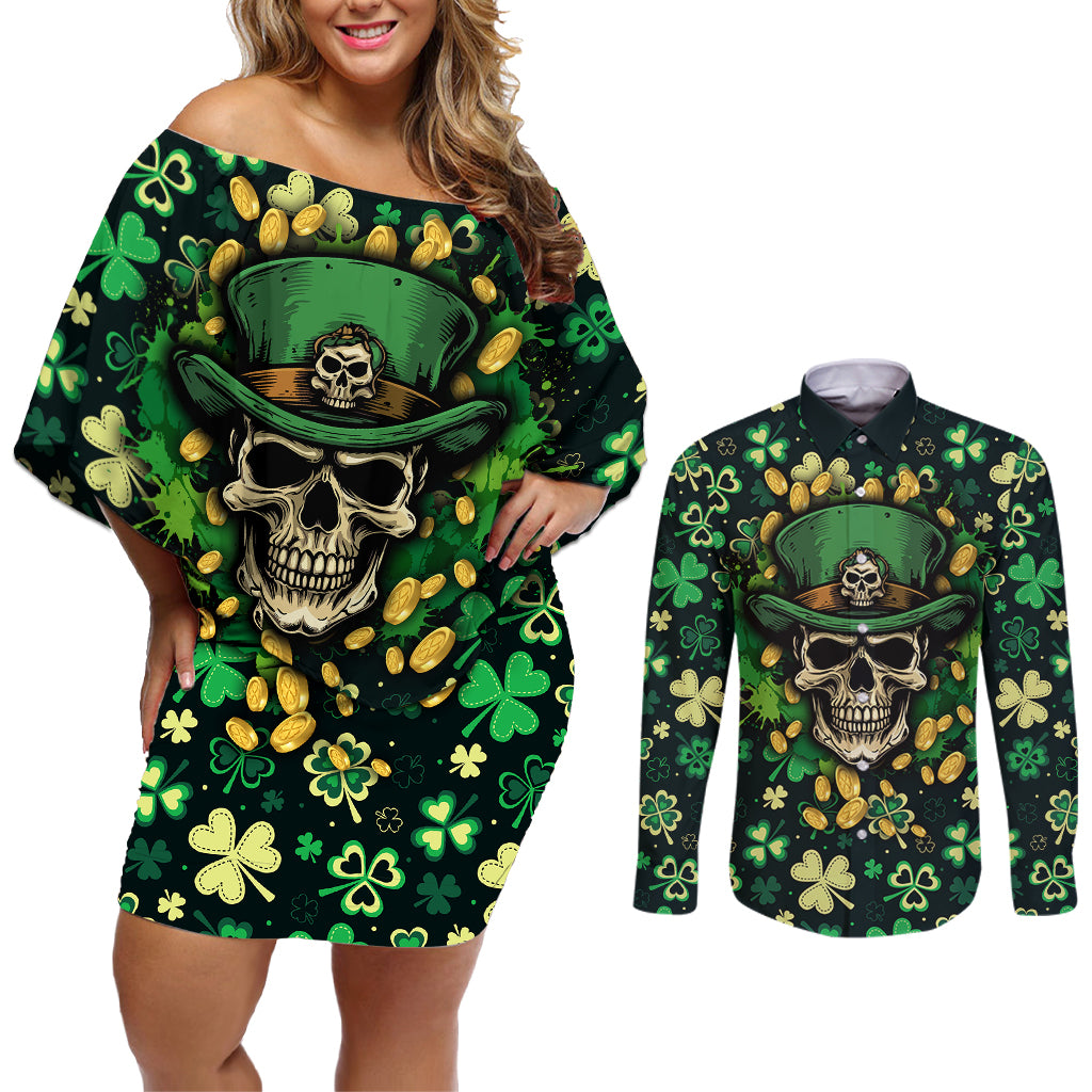 skull-and-shamrock-leaf-pattern-couples-matching-off-shoulder-short-dress-and-long-sleeve-button-shirts-good-luck