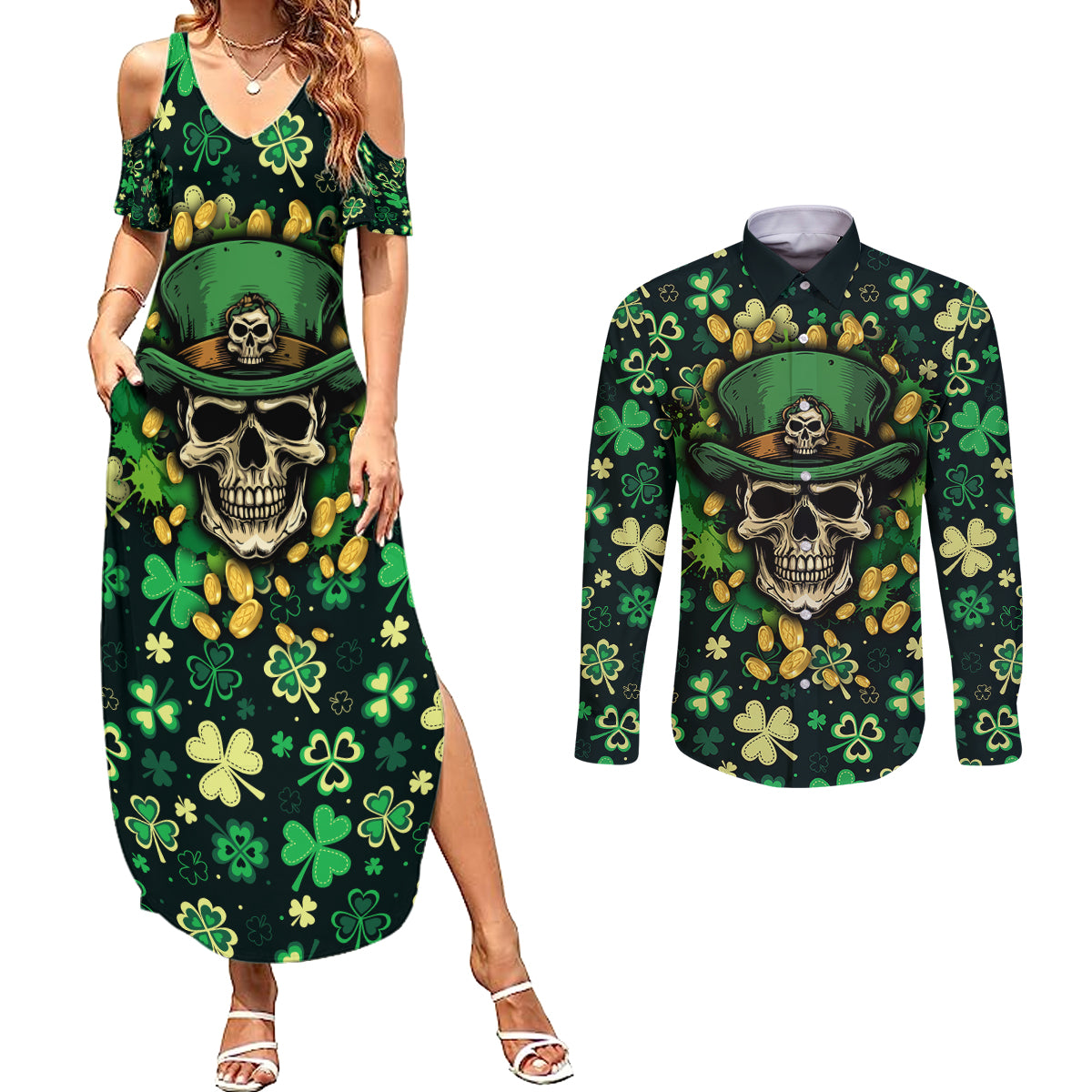 skull-and-shamrock-leaf-pattern-couples-matching-summer-maxi-dress-and-long-sleeve-button-shirts-good-luck