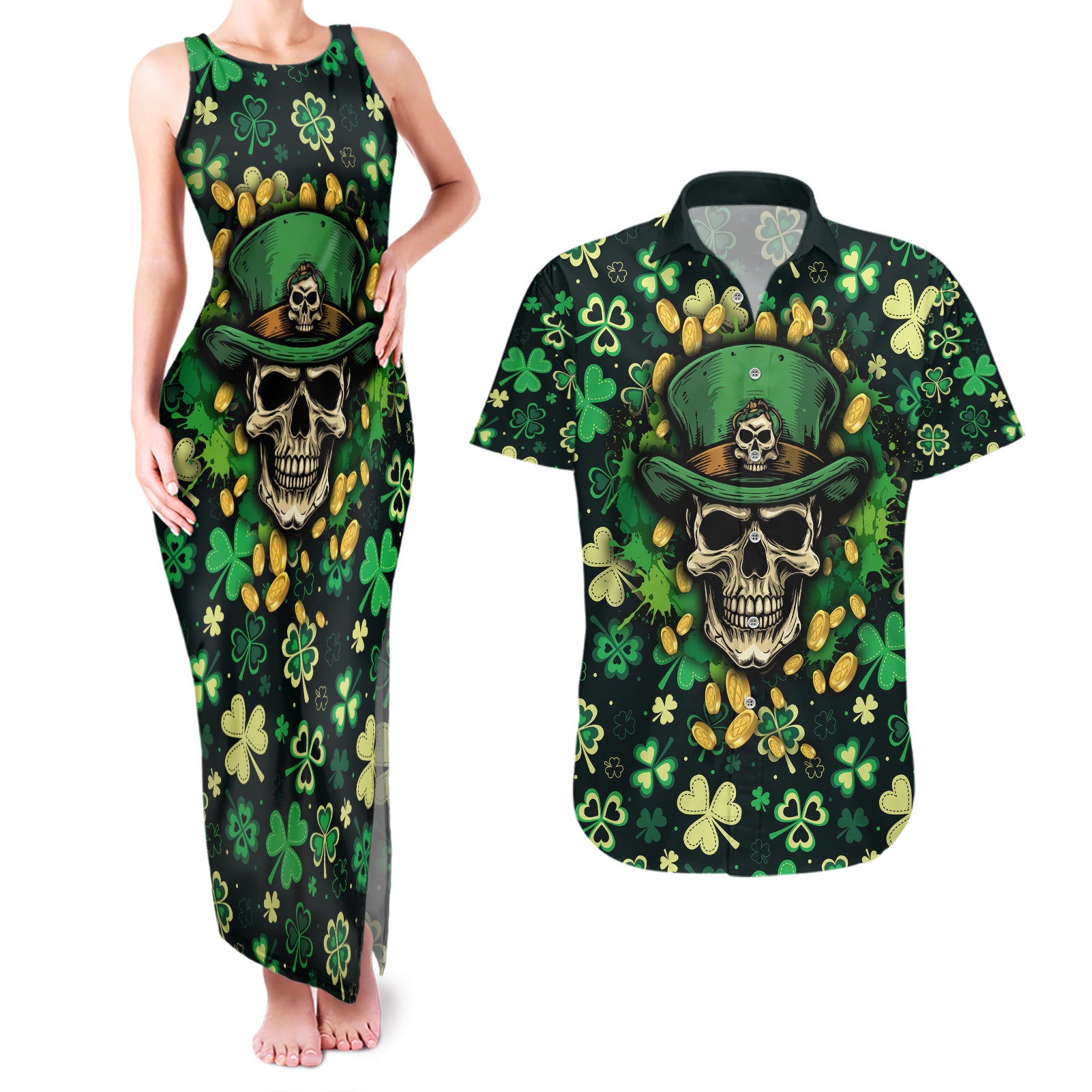 skull-and-shamrock-leaf-pattern-couples-matching-tank-maxi-dress-and-hawaiian-shirt-good-luck