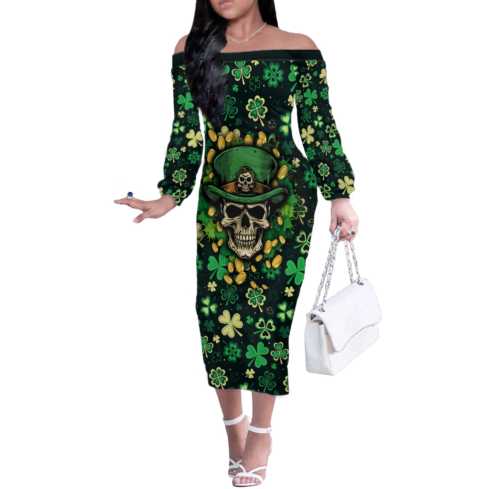 skull-and-shamrock-leaf-pattern-off-the-shoulder-long-sleeve-dress-good-luck