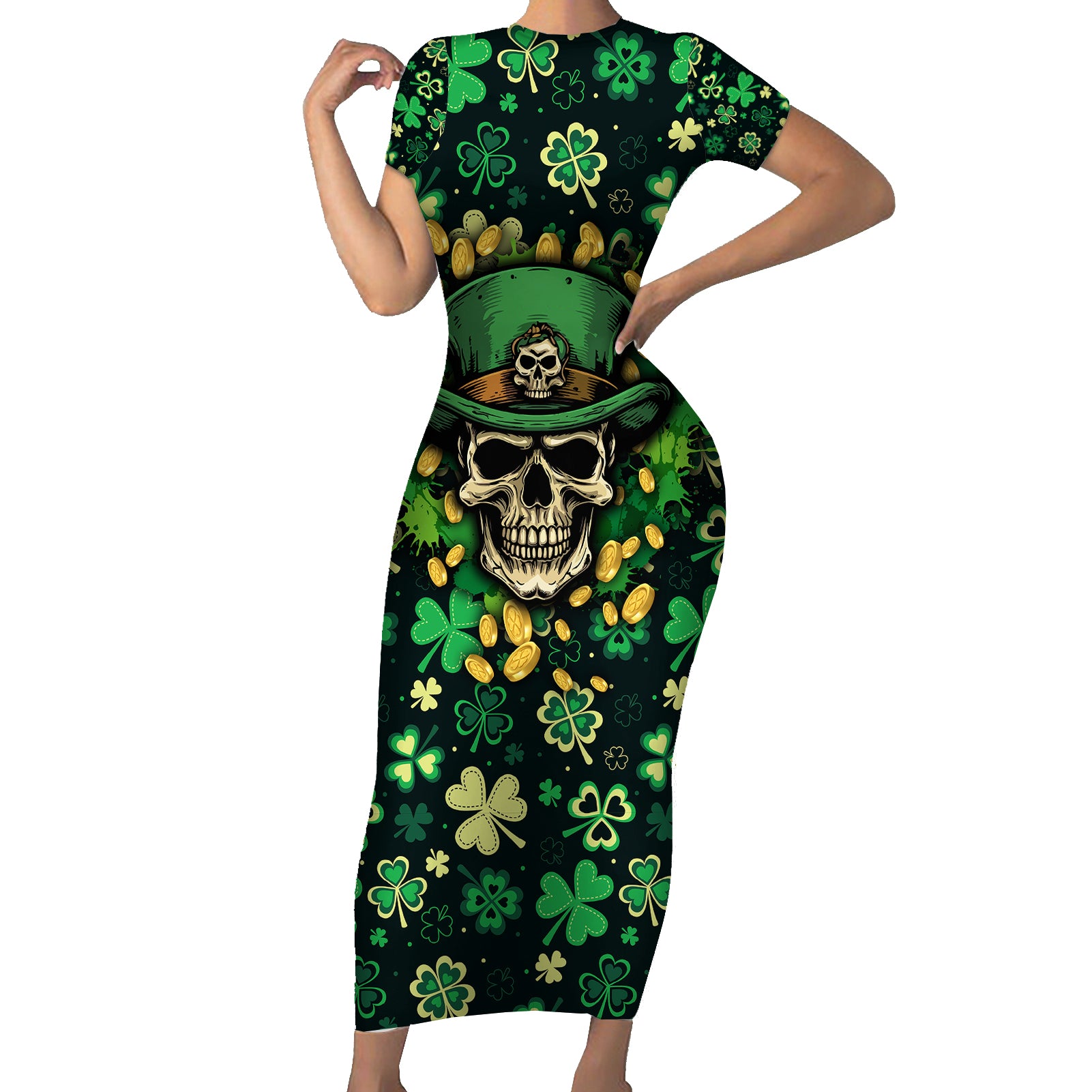 skull-and-shamrock-leaf-pattern-short-sleeve-bodycon-dress-good-luck