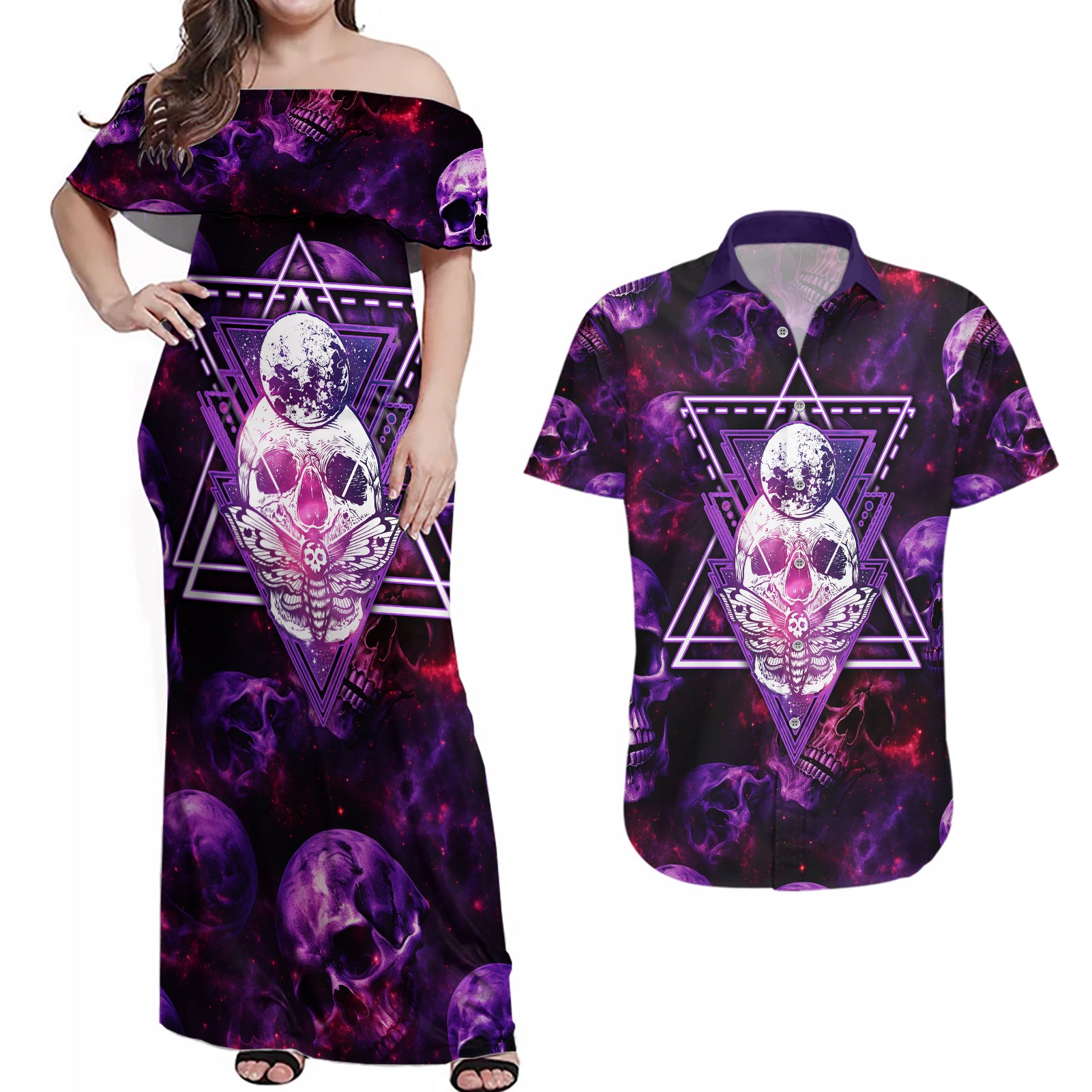 skull-and-moth-couples-matching-off-shoulder-maxi-dress-and-hawaiian-shirt-fantasy-cosmic-abstract-grunge-purple-art