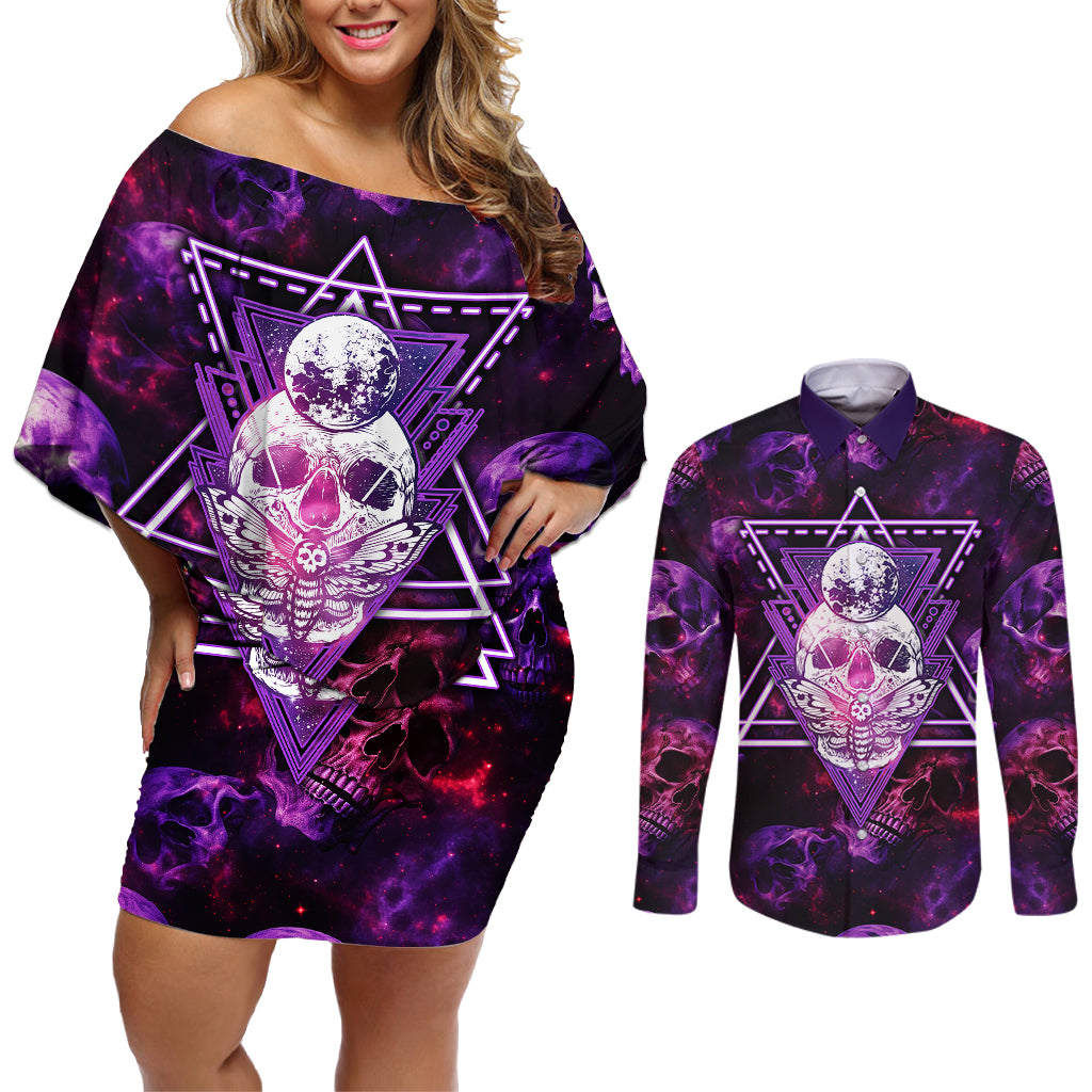 skull-and-moth-couples-matching-off-shoulder-short-dress-and-long-sleeve-button-shirts-fantasy-cosmic-abstract-grunge-purple-art