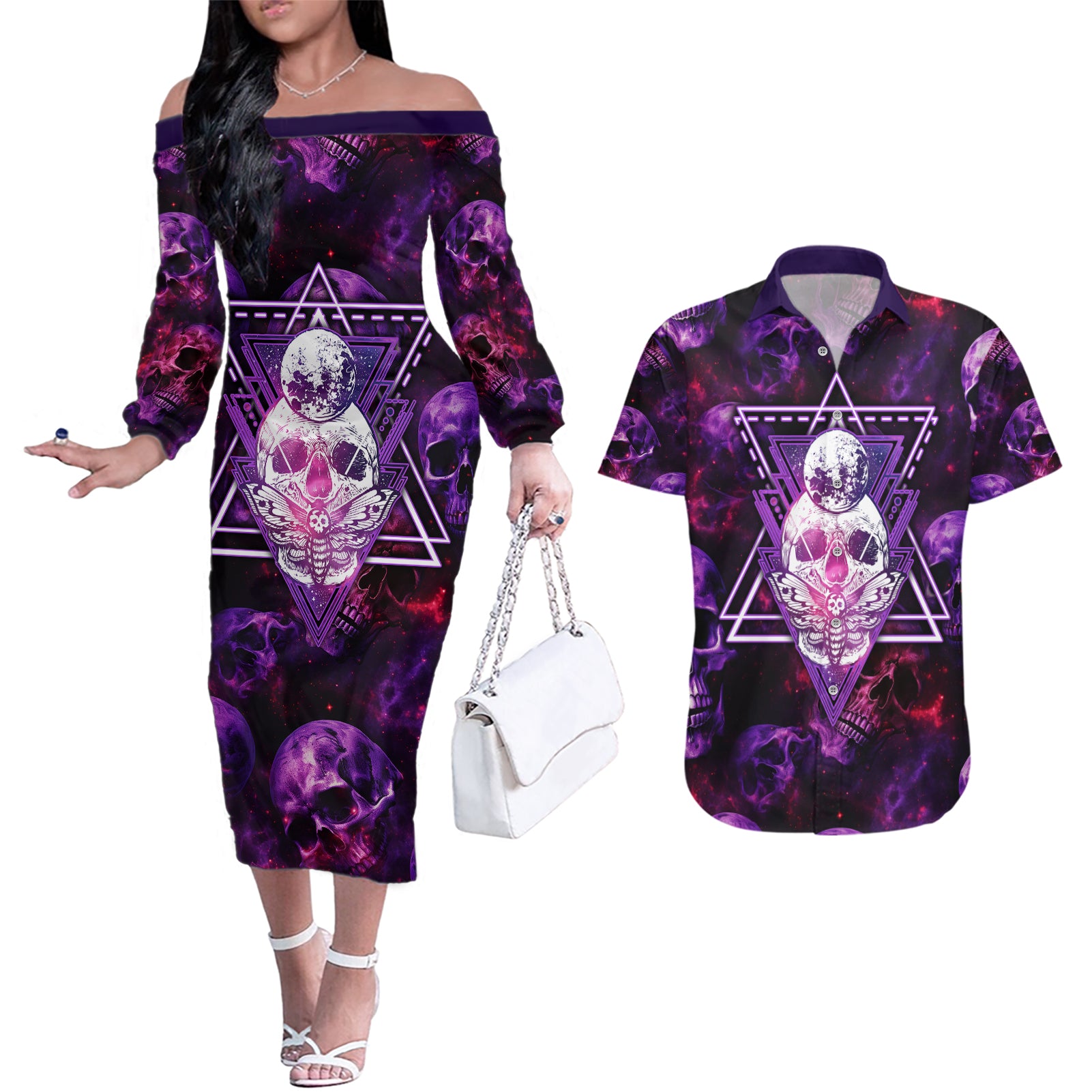 skull-and-moth-couples-matching-off-the-shoulder-long-sleeve-dress-and-hawaiian-shirt-fantasy-cosmic-abstract-grunge-purple-art