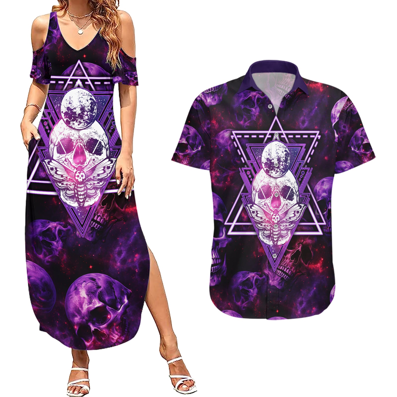 skull-and-moth-couples-matching-summer-maxi-dress-and-hawaiian-shirt-fantasy-cosmic-abstract-grunge-purple-art