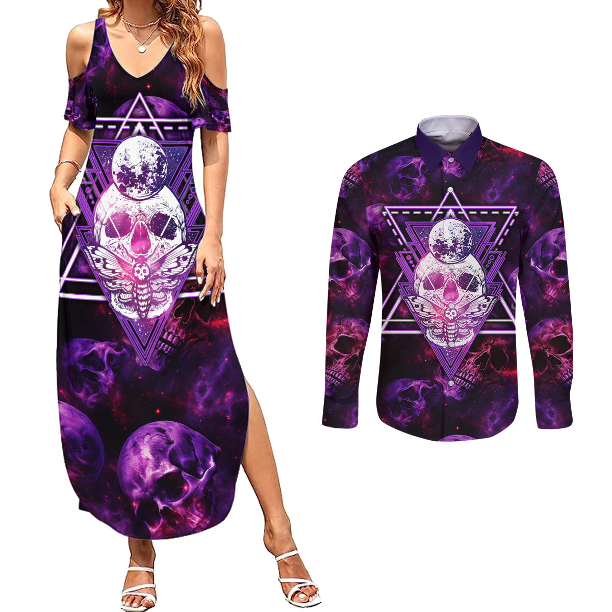 skull-and-moth-couples-matching-summer-maxi-dress-and-long-sleeve-button-shirts-fantasy-cosmic-abstract-grunge-purple-art