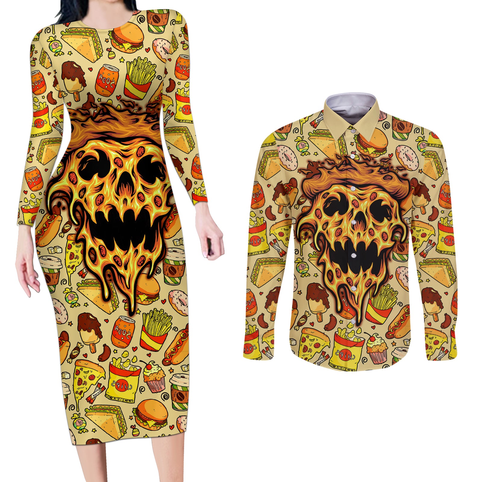 skull-pizza-pattern-couples-matching-long-sleeve-bodycon-dress-and-long-sleeve-button-shirts-rest-in-pizza