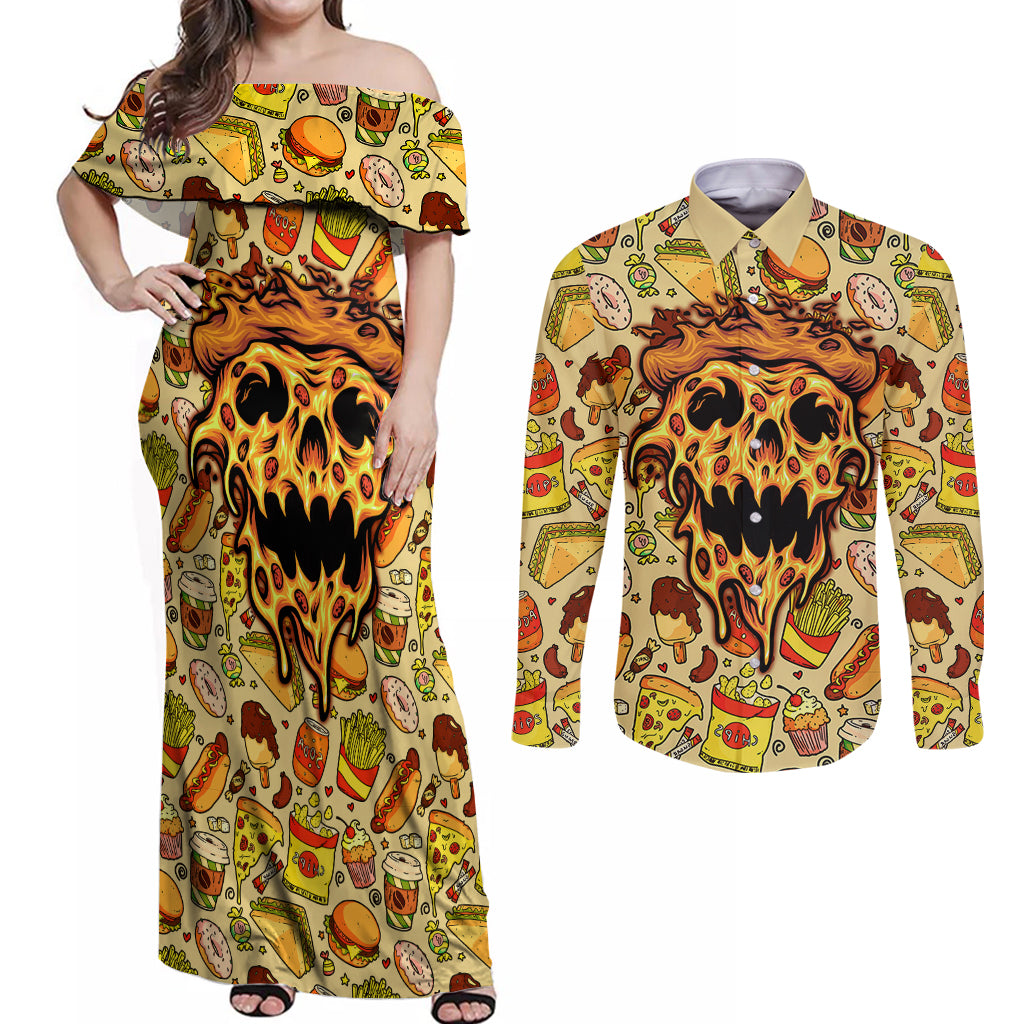 skull-pizza-pattern-couples-matching-off-shoulder-maxi-dress-and-long-sleeve-button-shirts-rest-in-pizza