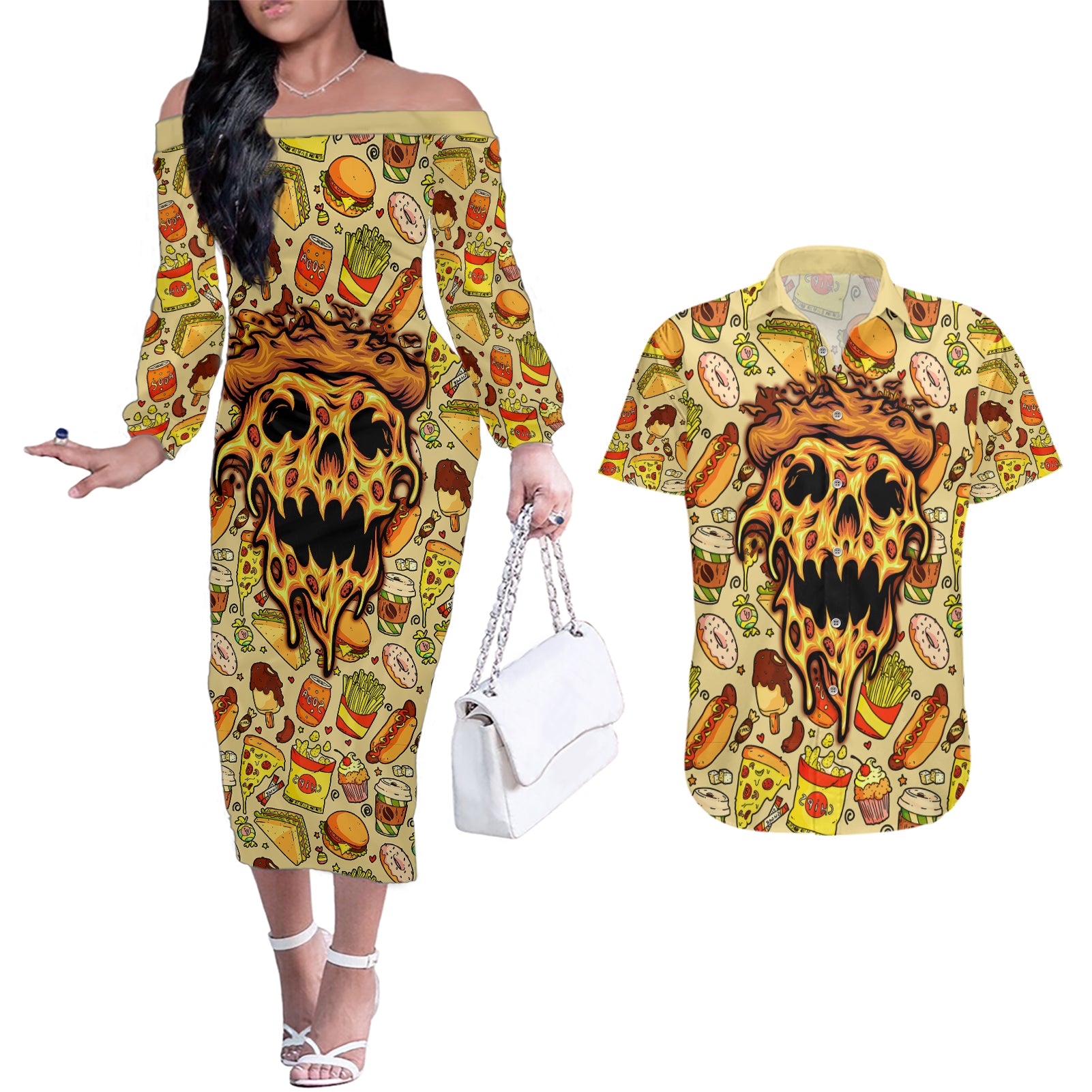 skull-pizza-pattern-couples-matching-off-the-shoulder-long-sleeve-dress-and-hawaiian-shirt-rest-in-pizza