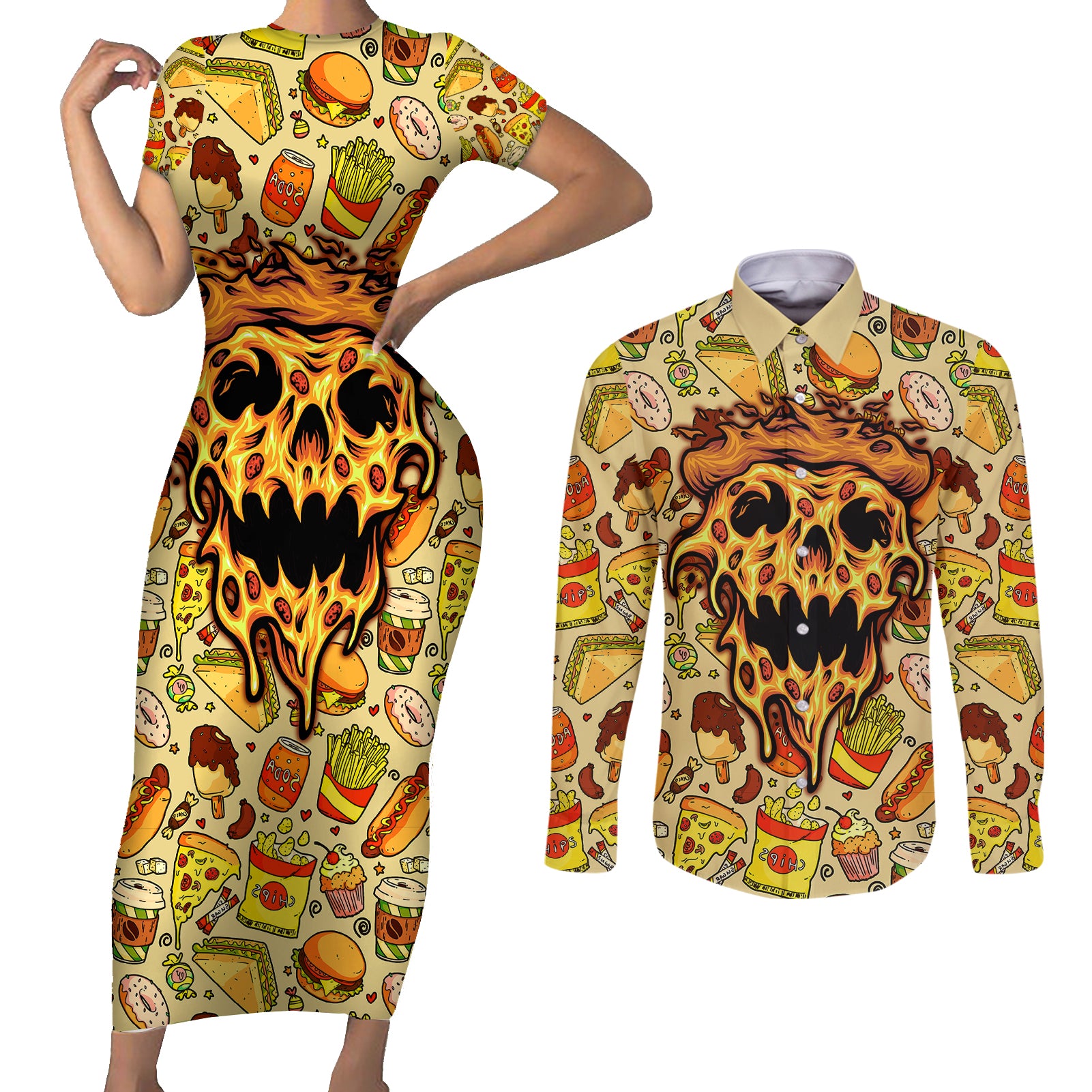 skull-pizza-pattern-couples-matching-short-sleeve-bodycon-dress-and-long-sleeve-button-shirts-rest-in-pizza