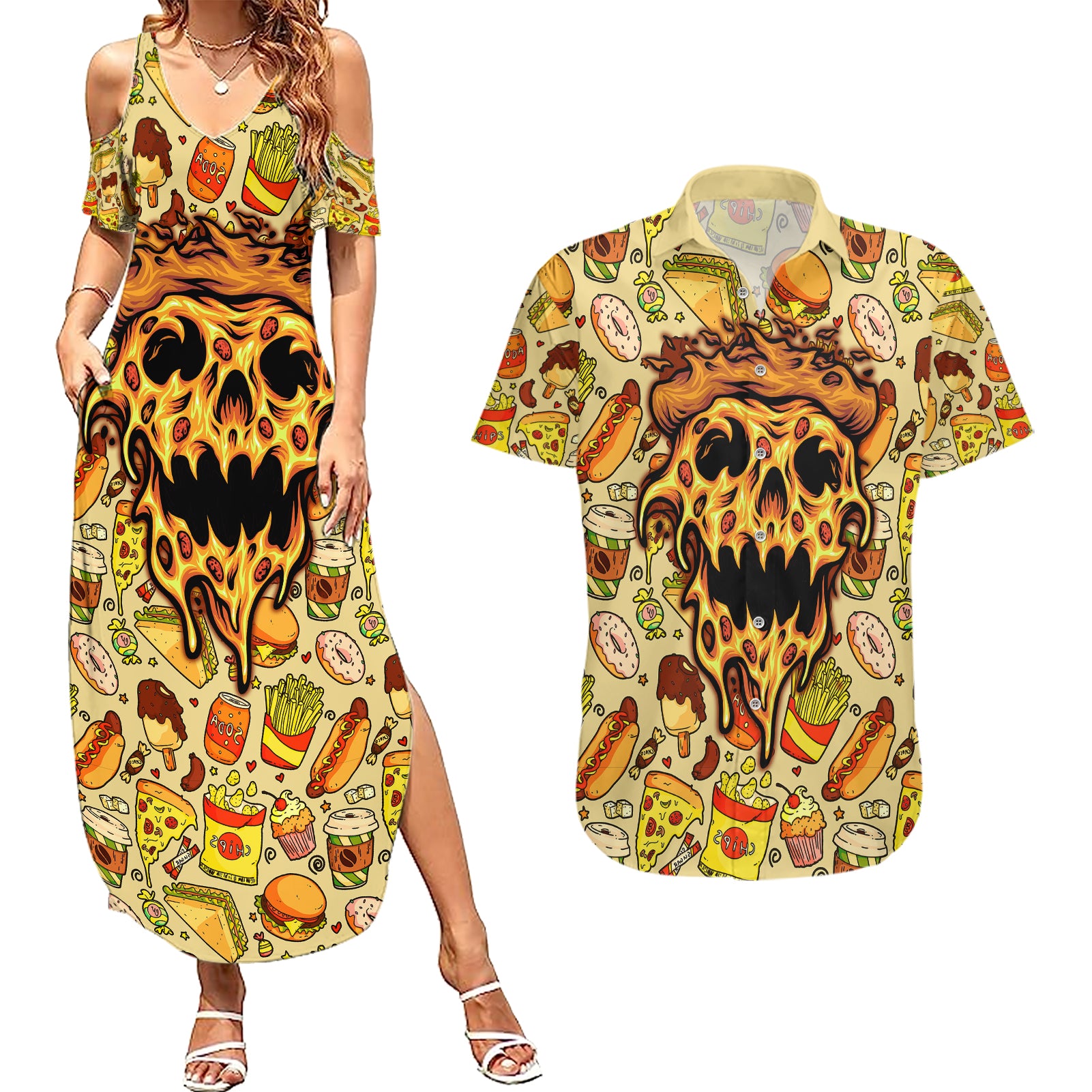 skull-pizza-pattern-couples-matching-summer-maxi-dress-and-hawaiian-shirt-rest-in-pizza