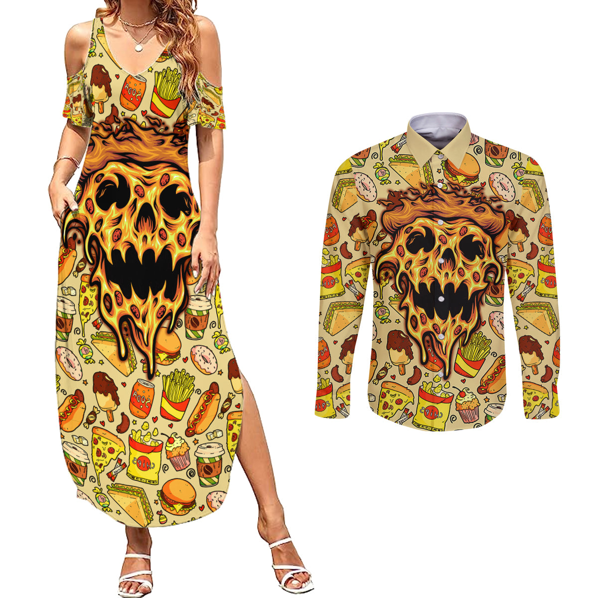 skull-pizza-pattern-couples-matching-summer-maxi-dress-and-long-sleeve-button-shirts-rest-in-pizza