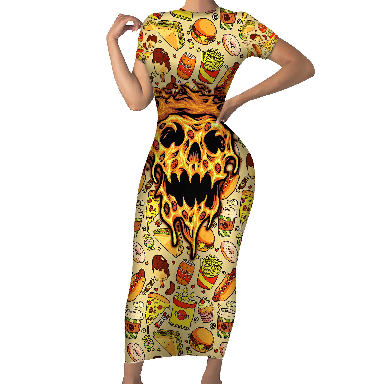 skull-pizza-pattern-short-sleeve-bodycon-dress-rest-in-pizza