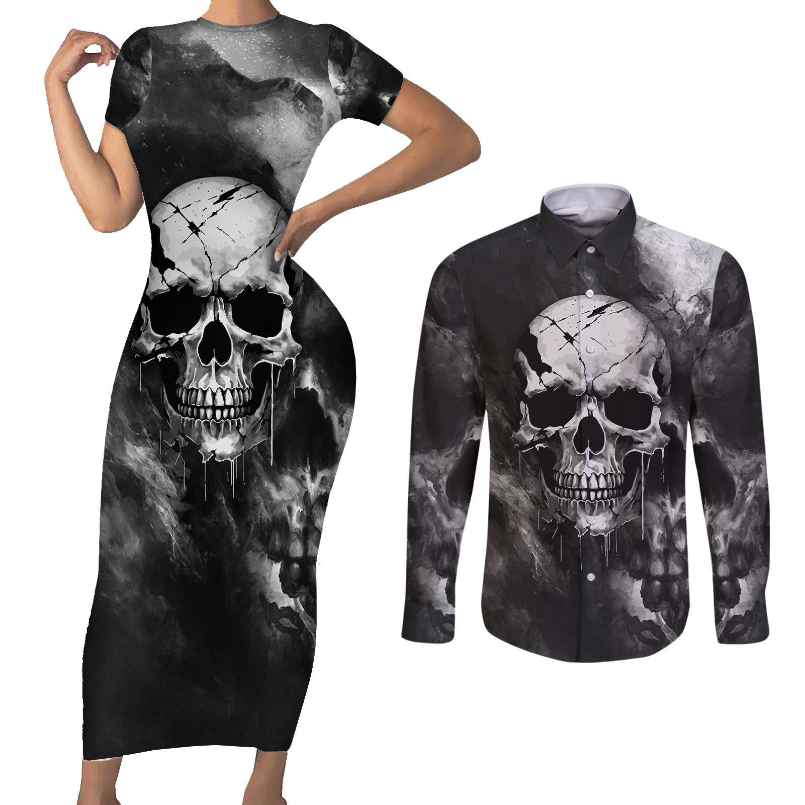 skull-grunge-pattern-couples-matching-short-sleeve-bodycon-dress-and-long-sleeve-button-shirts-warning-im-an-asshole