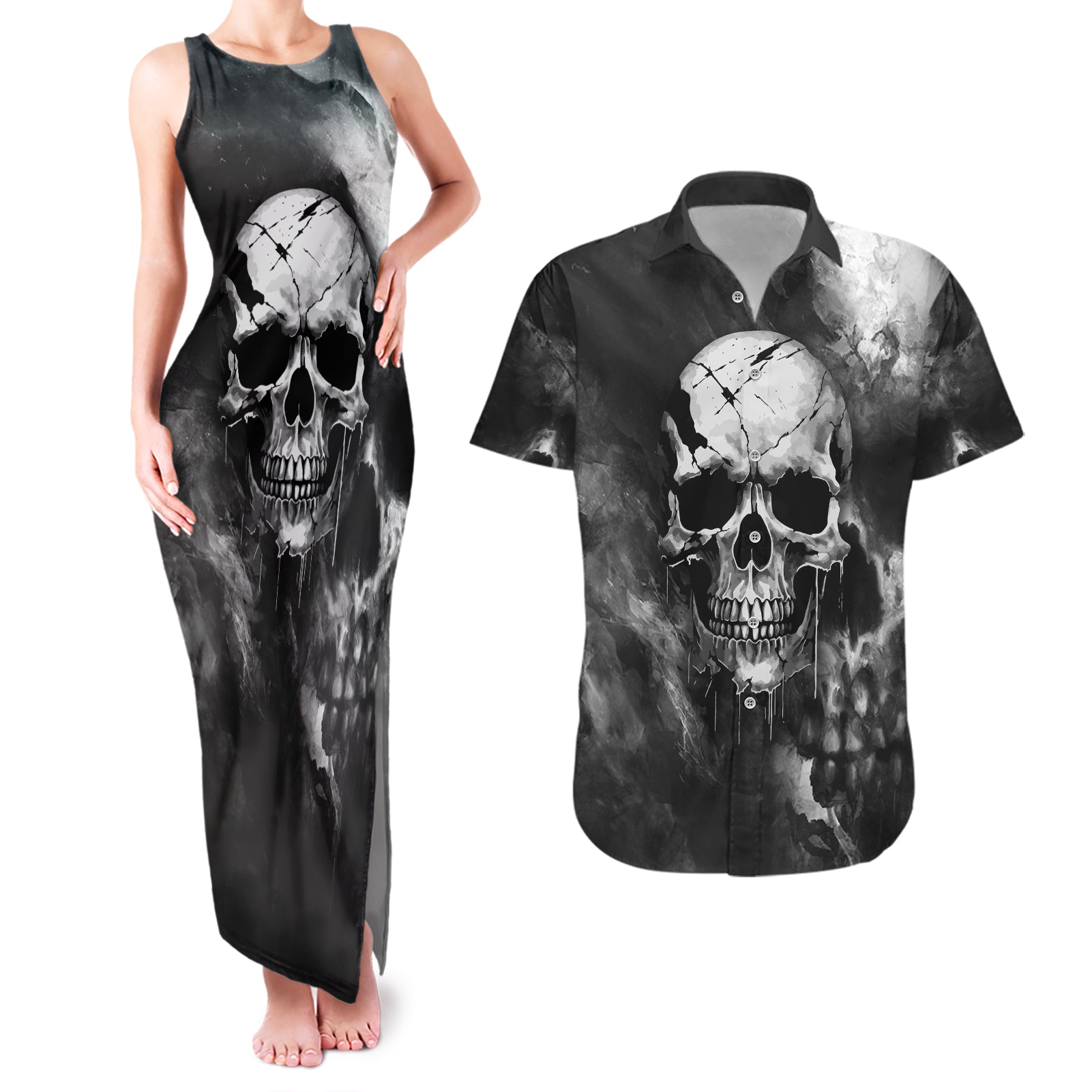 skull-grunge-pattern-couples-matching-tank-maxi-dress-and-hawaiian-shirt-warning-im-an-asshole