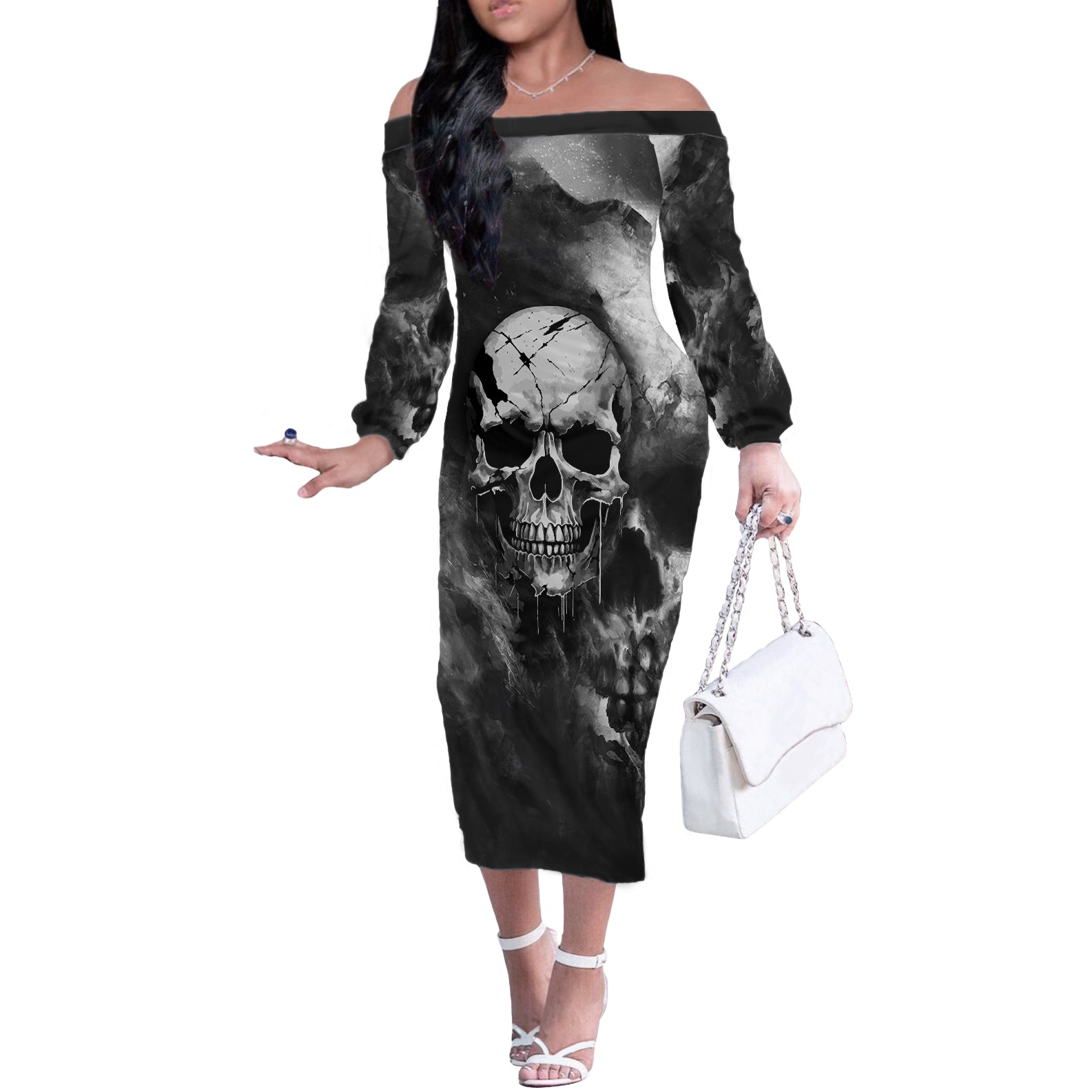 skull-grunge-pattern-off-the-shoulder-long-sleeve-dress-warning-im-an-asshole