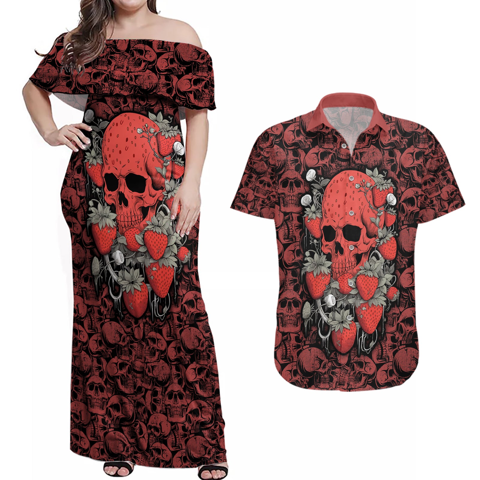 skull-pattern-couples-matching-off-shoulder-maxi-dress-and-hawaiian-shirt-i-love-you-berry-much