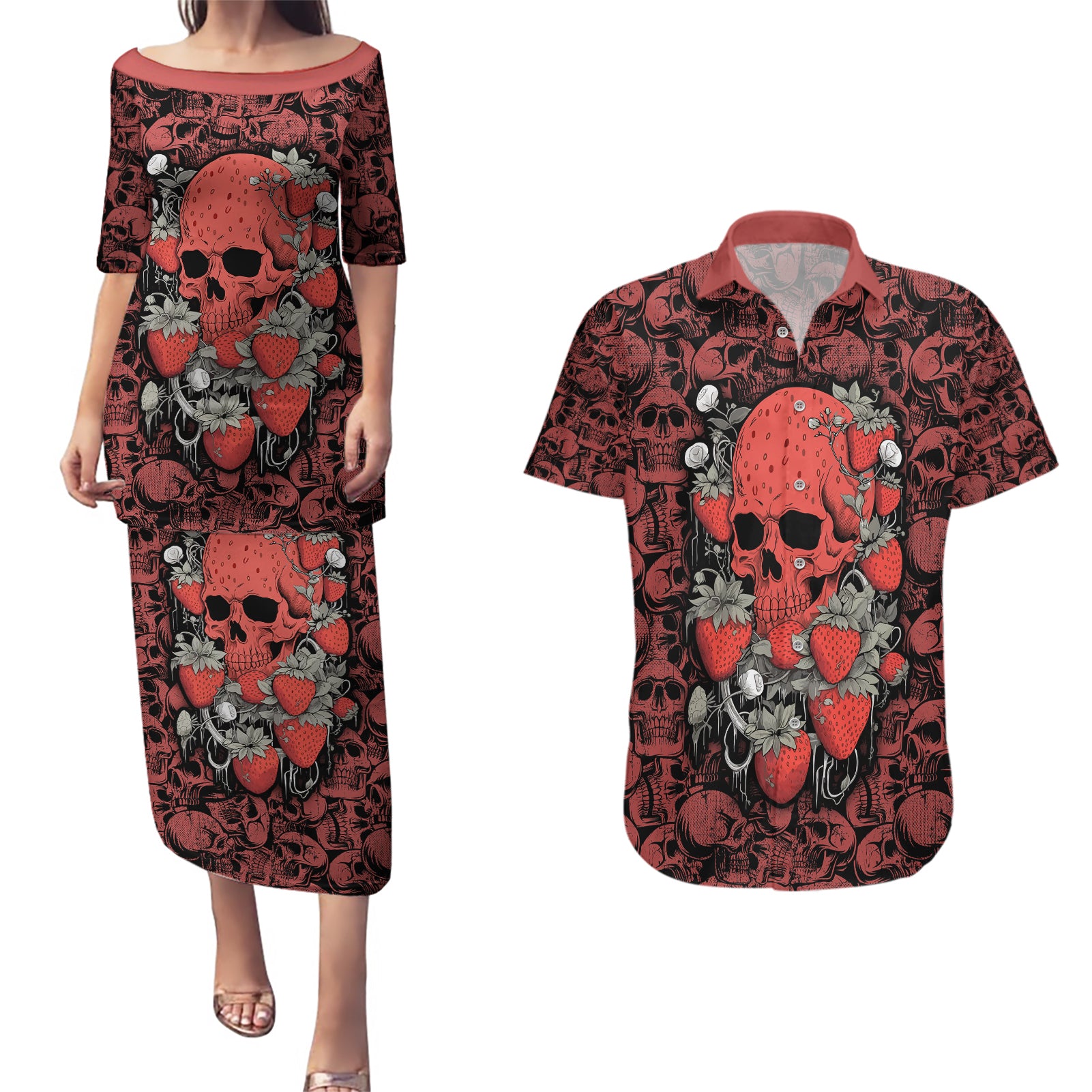 skull-pattern-couples-matching-puletasi-dress-and-hawaiian-shirt-i-love-you-berry-much