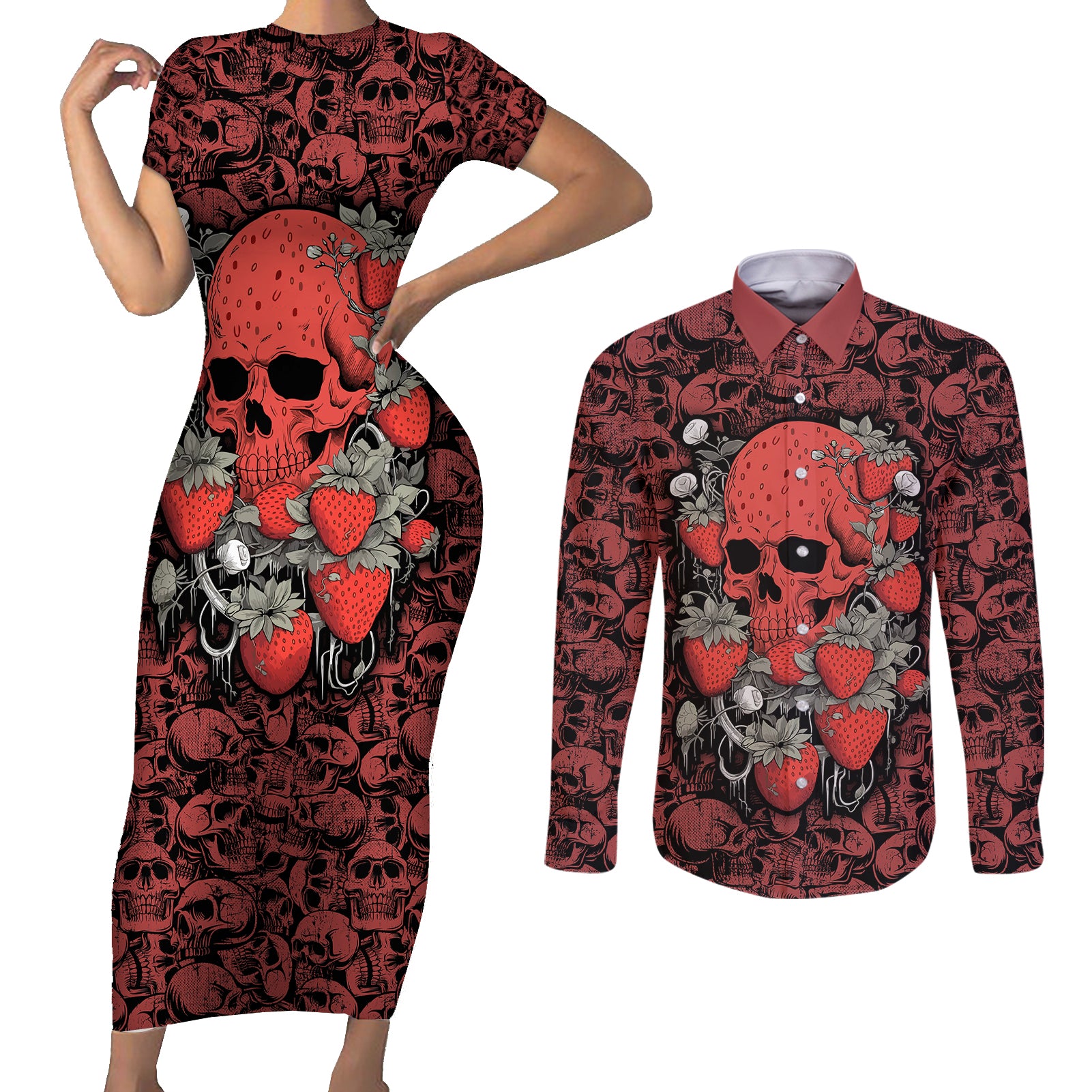 skull-pattern-couples-matching-short-sleeve-bodycon-dress-and-long-sleeve-button-shirts-i-love-you-berry-much