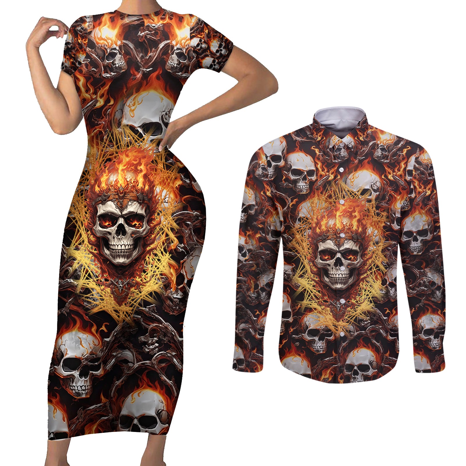 flaming-skull-couples-matching-short-sleeve-bodycon-dress-and-long-sleeve-button-shirts-judge-me-when-youre-perfect-otherwise-shut-up