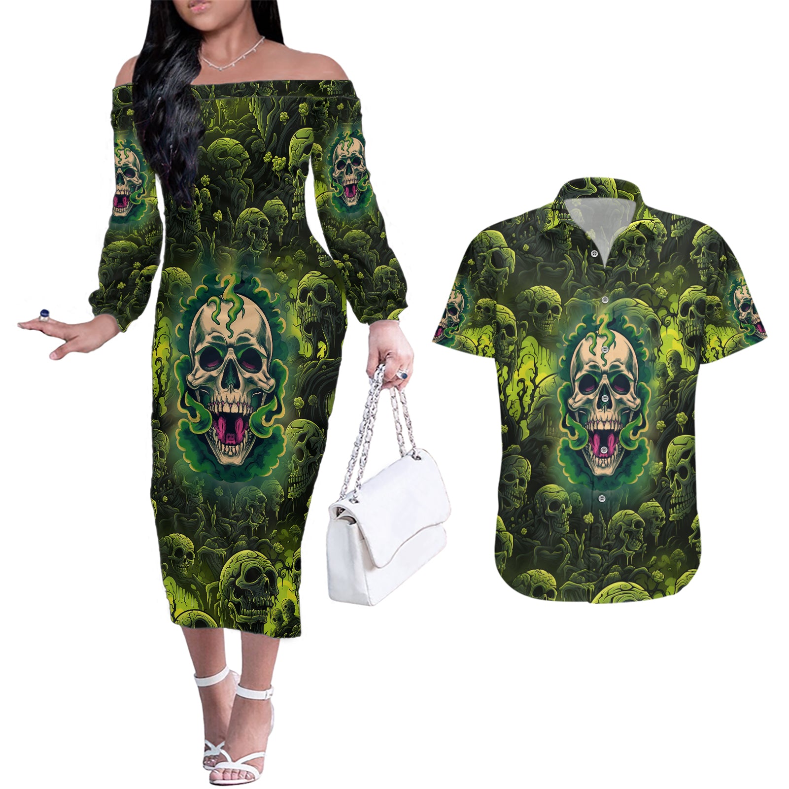 zombie-skull-couples-matching-off-the-shoulder-long-sleeve-dress-and-hawaiian-shirt-im-like-literally-dead