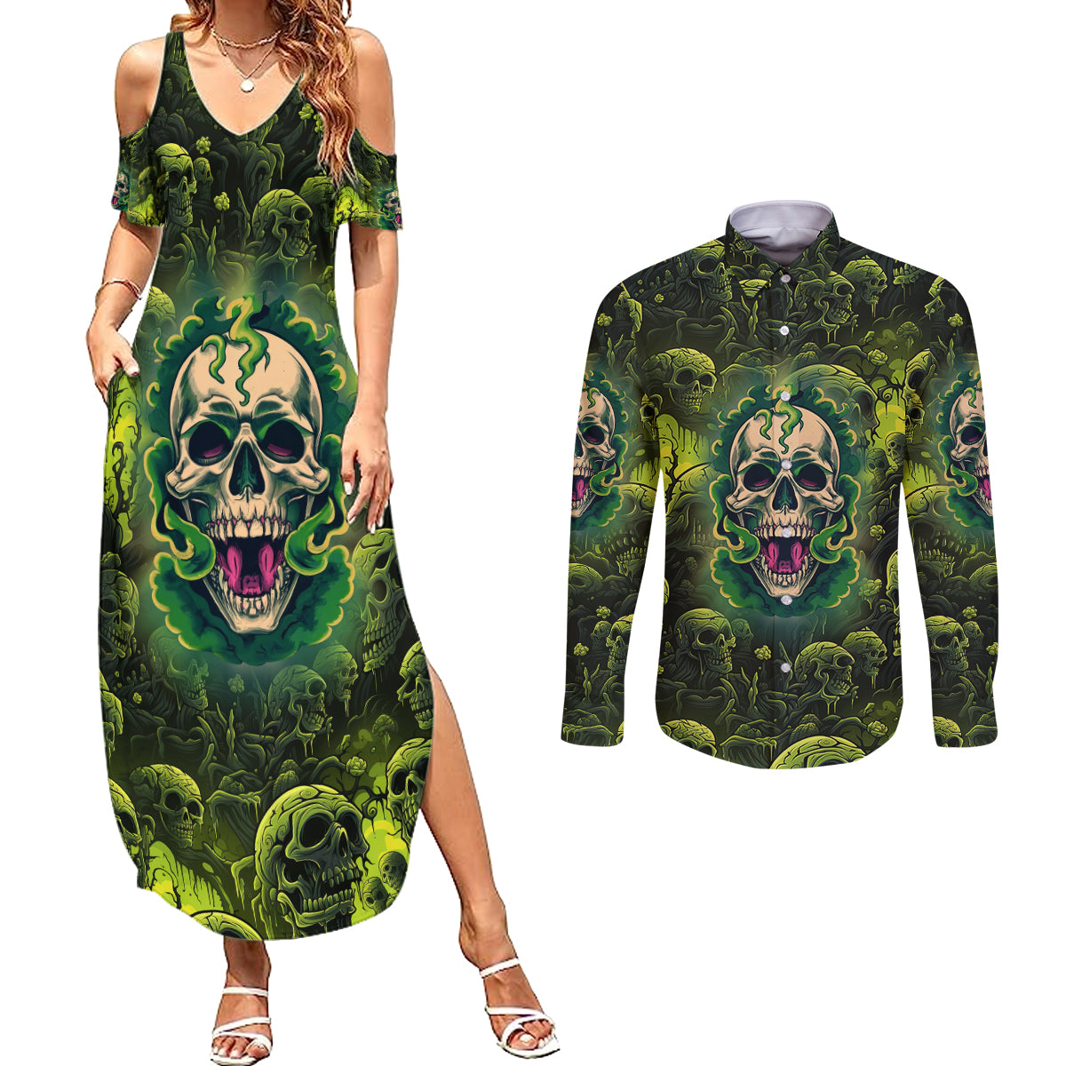 zombie-skull-couples-matching-summer-maxi-dress-and-long-sleeve-button-shirts-im-like-literally-dead