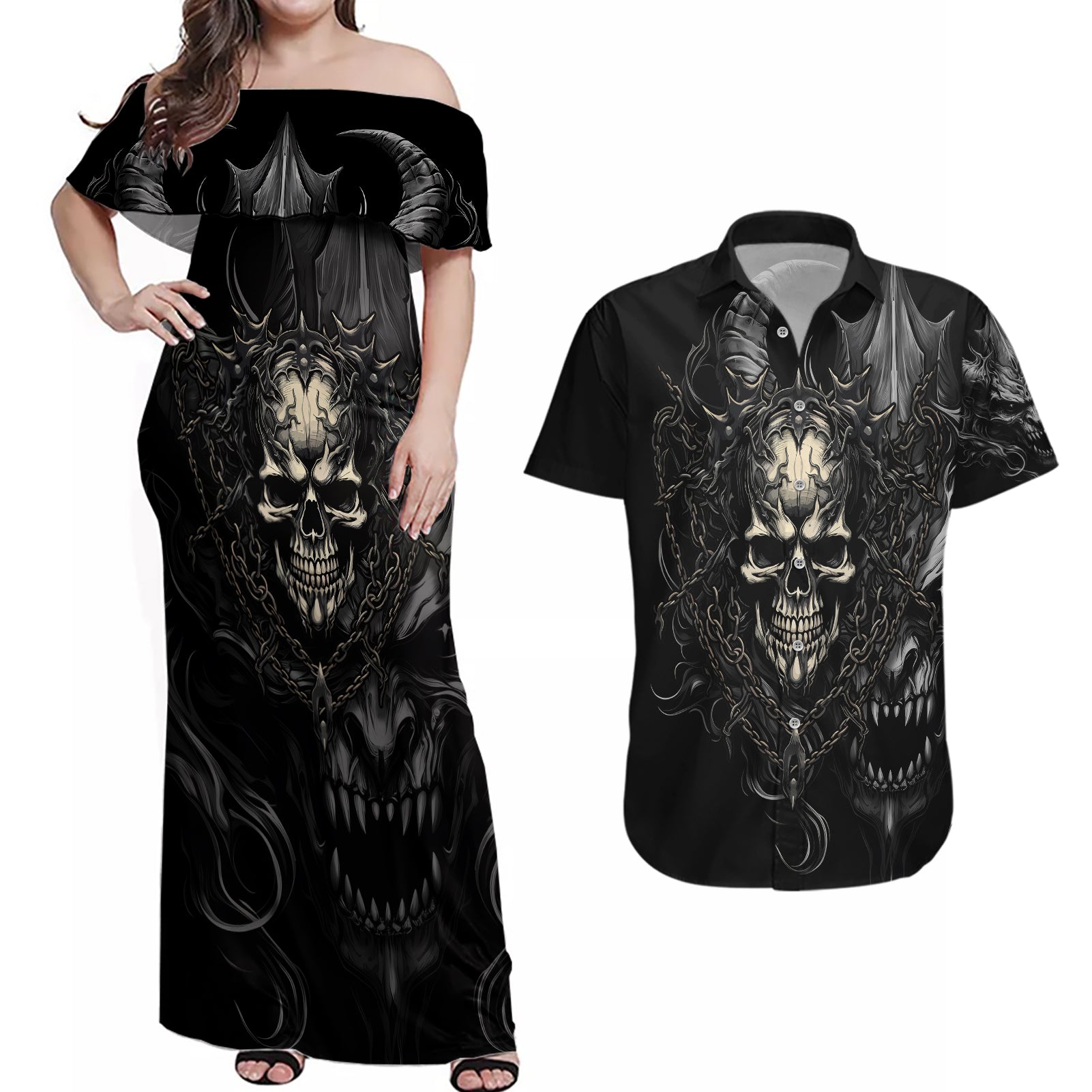 skull-demon-fantasy-couples-matching-off-shoulder-maxi-dress-and-hawaiian-shirt-time-to-unleash-a-litte-hell