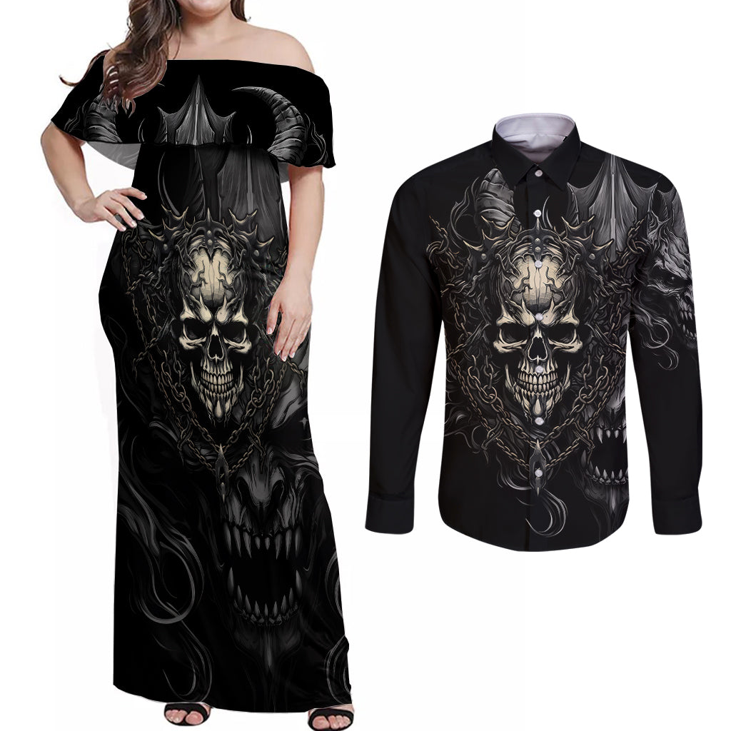 skull-demon-fantasy-couples-matching-off-shoulder-maxi-dress-and-long-sleeve-button-shirts-time-to-unleash-a-litte-hell