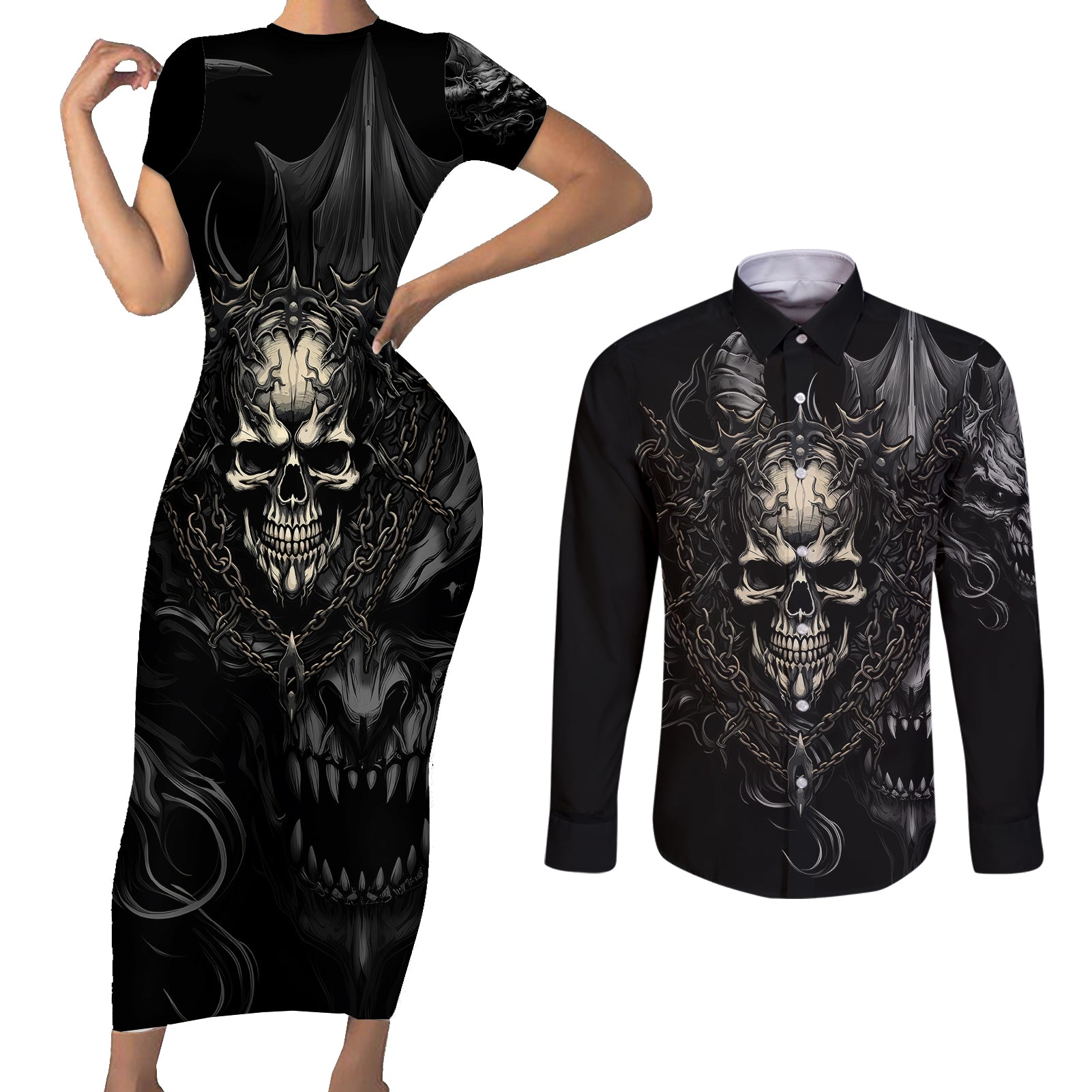 skull-demon-fantasy-couples-matching-short-sleeve-bodycon-dress-and-long-sleeve-button-shirts-time-to-unleash-a-litte-hell