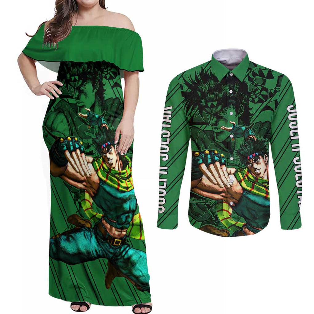 Joseph Joestar - JoJo's Bizarre Adventure Couples Matching Off Shoulder Maxi Dress and Long Sleeve Button Shirt Anime Mix Black Sketch Style