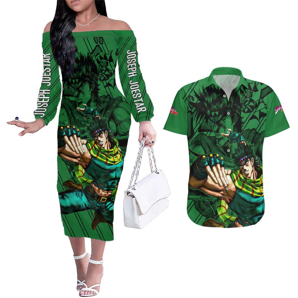 Joseph Joestar - JoJo's Bizarre Adventure Couples Matching Off The Shoulder Long Sleeve Dress and Hawaiian Shirt Anime Mix Black Sketch Style