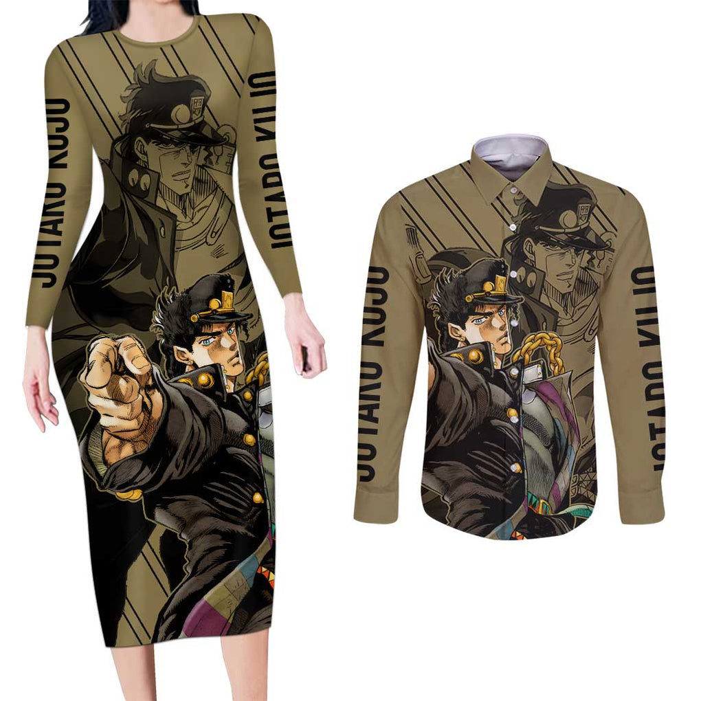 Jotaro Kujo - JoJo's Bizarre Adventure Couples Matching Long Sleeve Bodycon Dress and Long Sleeve Button Shirt Anime Mix Black Sketch Style